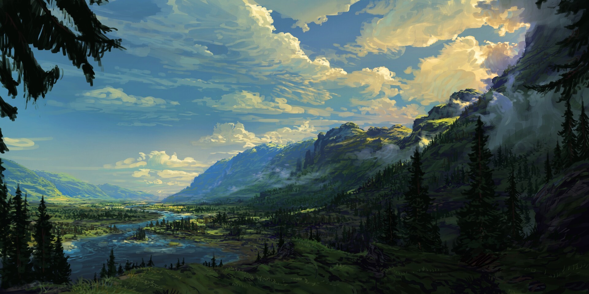 Painting of mountains, river, and clouds HD Wallpaper
