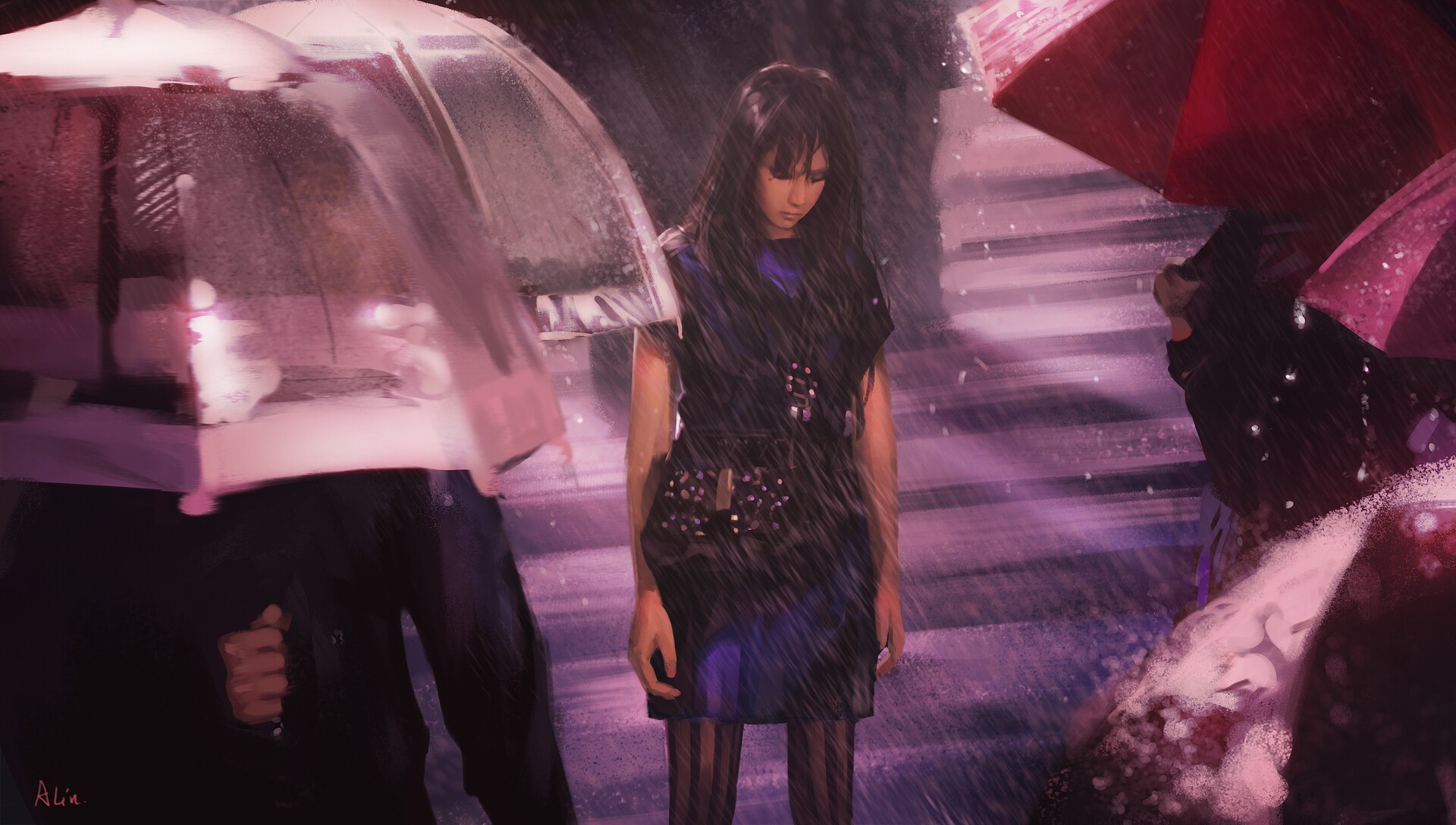 Woman standing alone in the rain under umbrellas HD Wallpaper