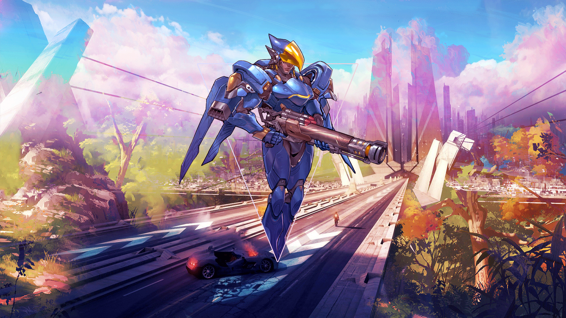 Pharah from Overwatch in a futuristic city HD Wallpaper