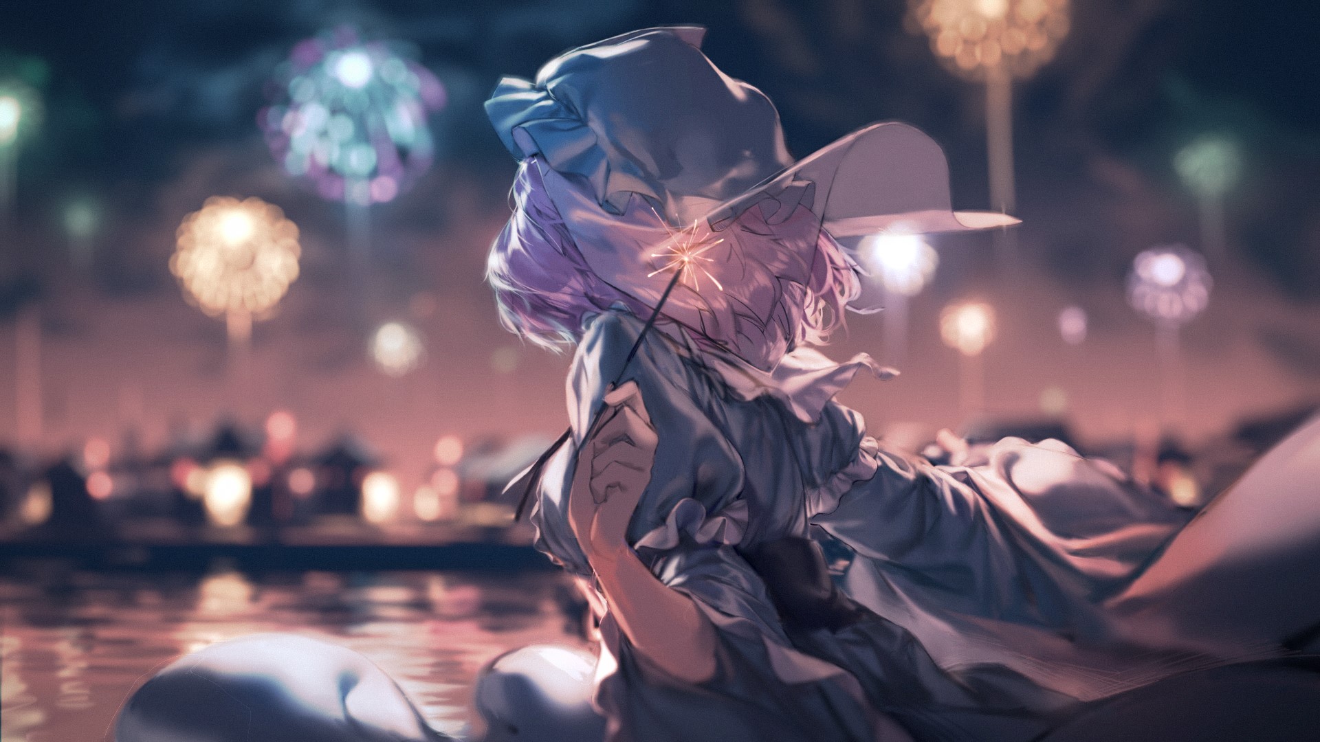 Saigyouji Yuyuko from Touhou with Sparklers and Fireworks HD Wallpaper