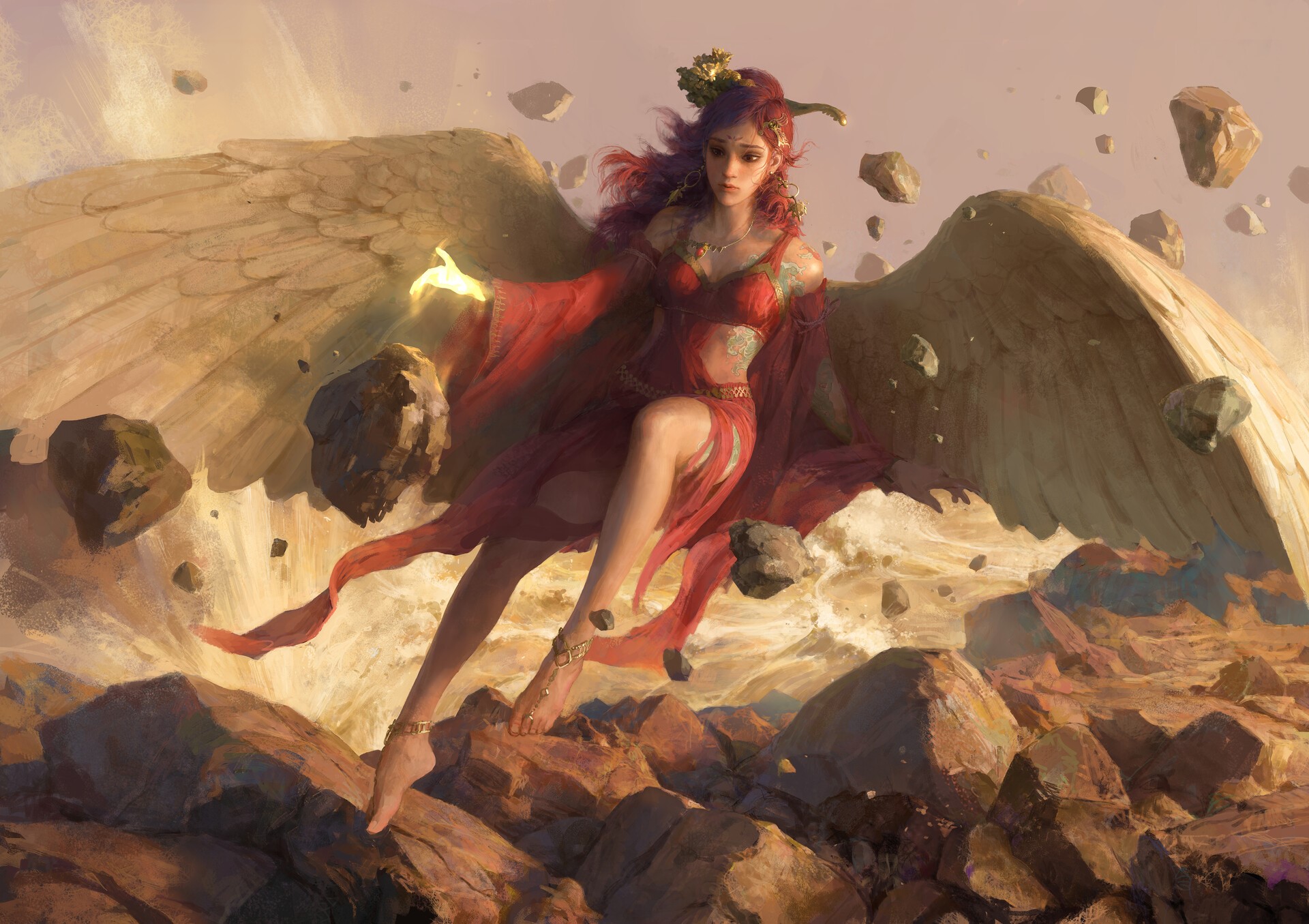 Angel with wings and red dress in rocky landscape HD Wallpaper