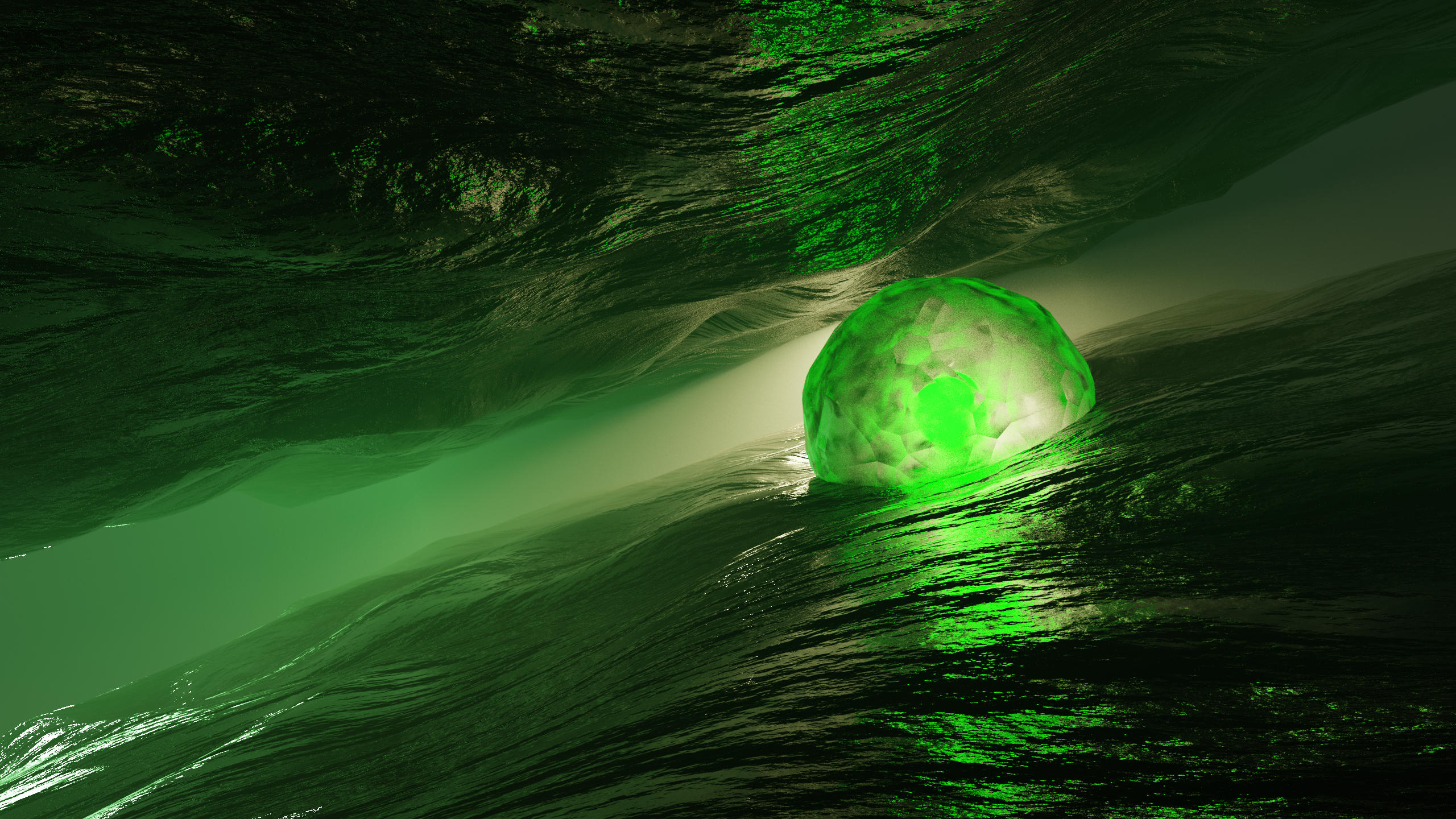 Abstract green glowing orb in a dark cave HD Wallpaper
