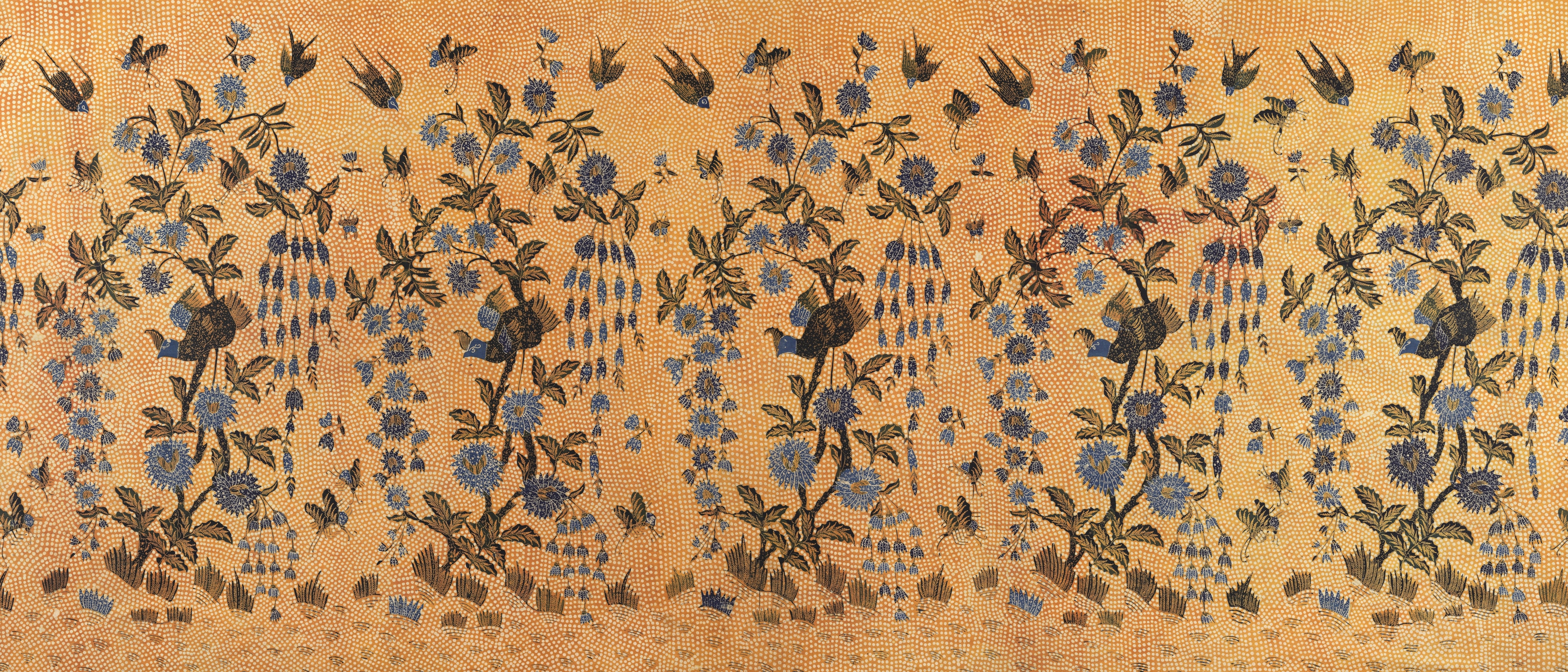 Fabric texture with blue flowers and birds HD Wallpaper