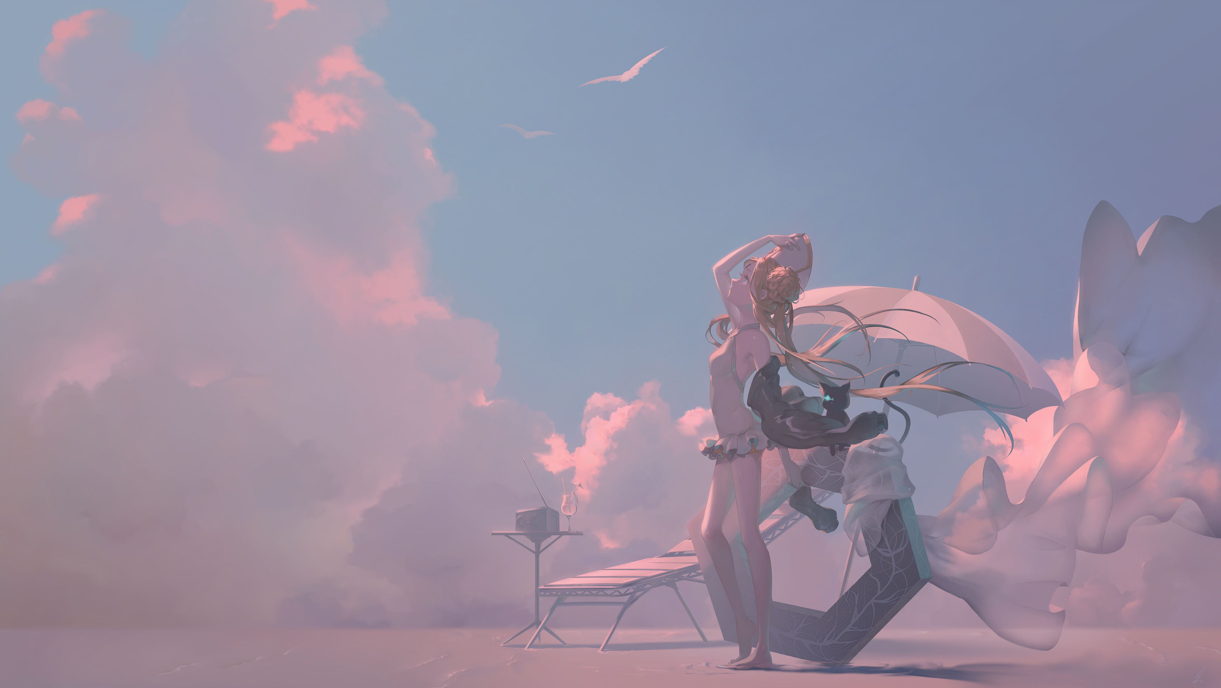 Anime girls on a beach with clouds and seagulls HD Wallpaper