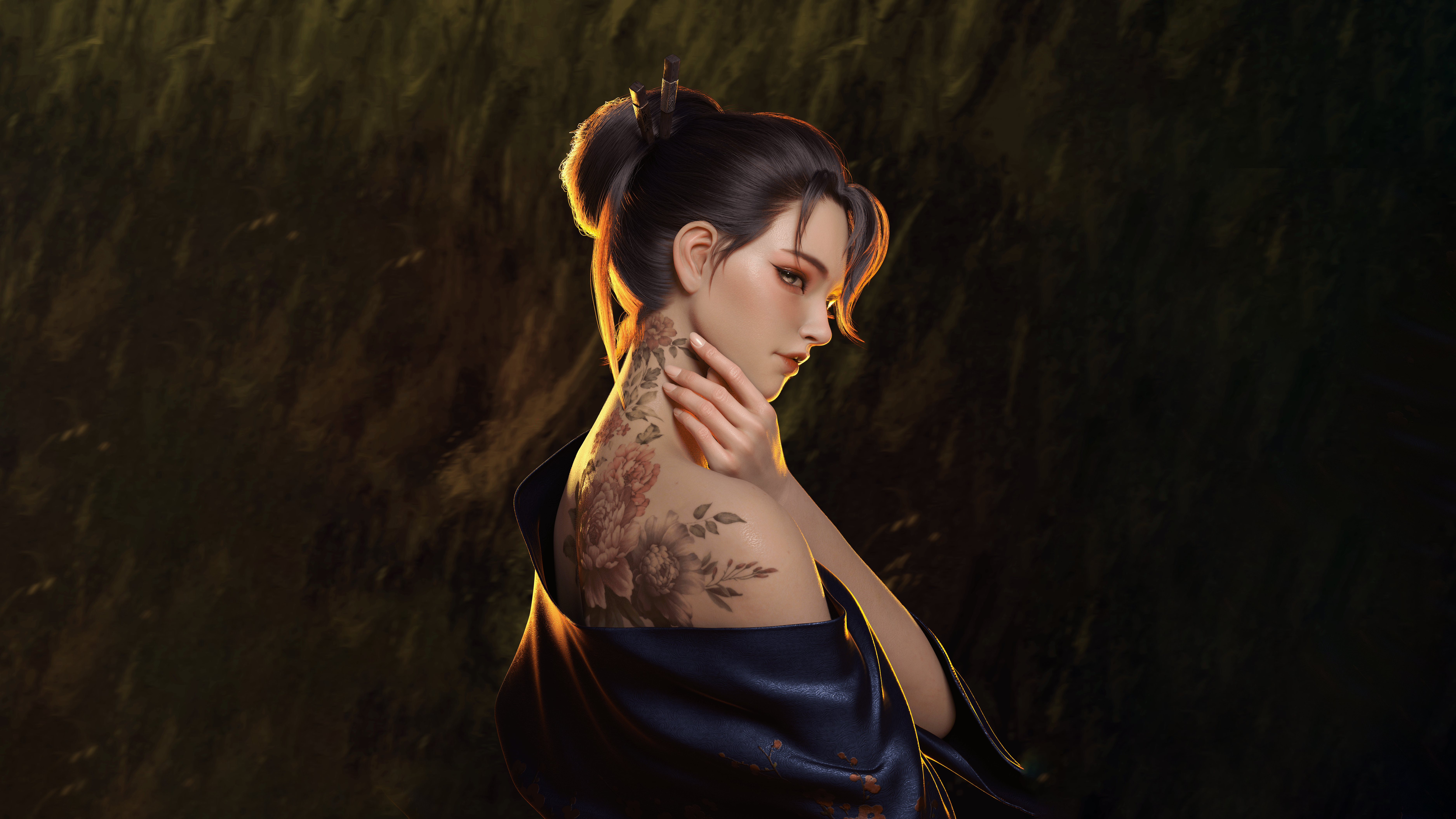 Fantasy art of a woman with tattoos by Yihao Ren HD Wallpaper
