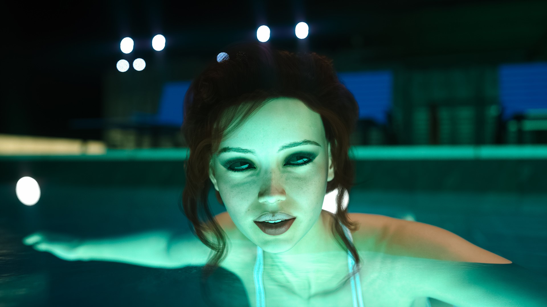 Woman in swimming pool at night HD Wallpaper
