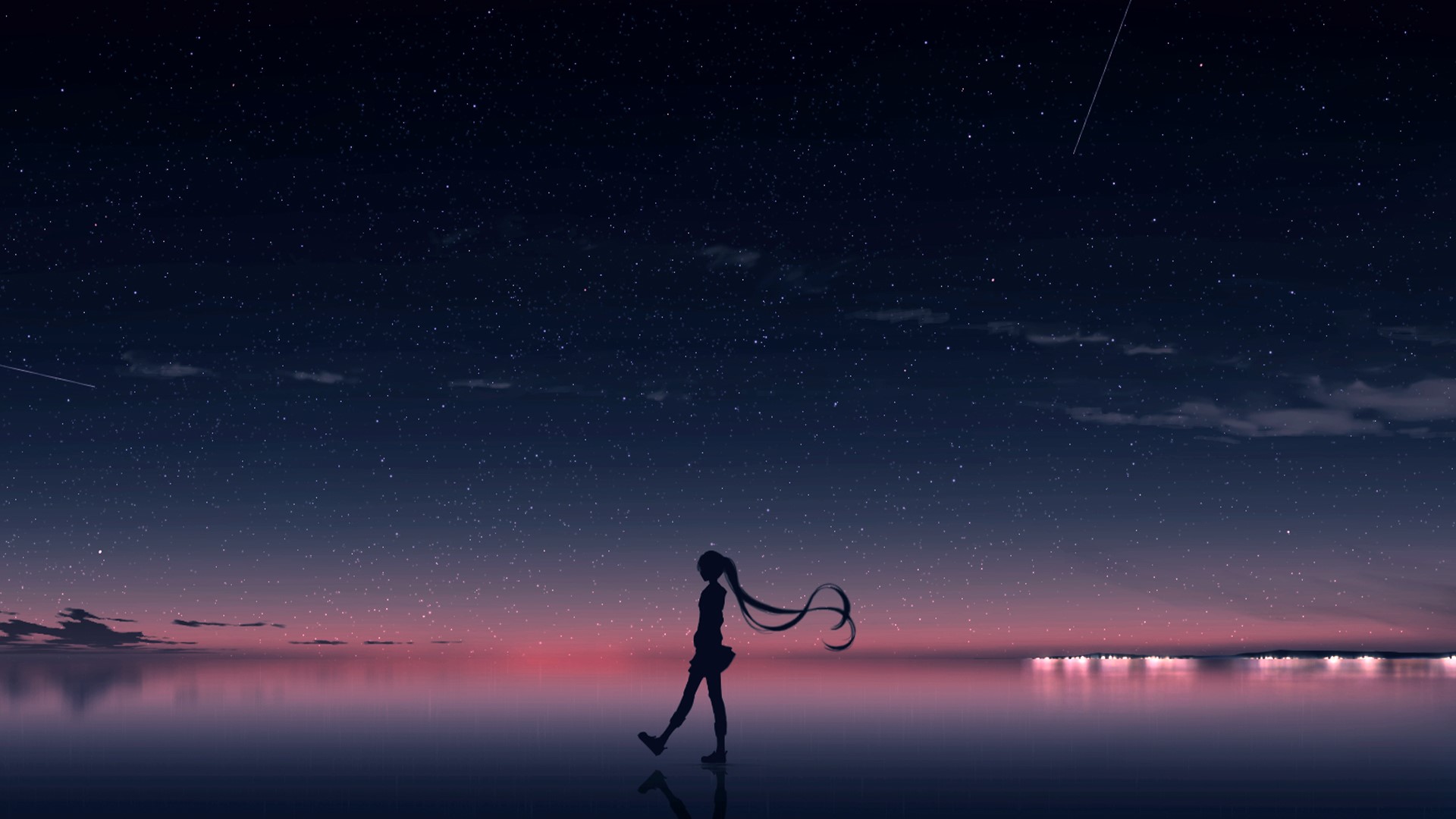 Girl walking by the water under a starry sky HD Wallpaper