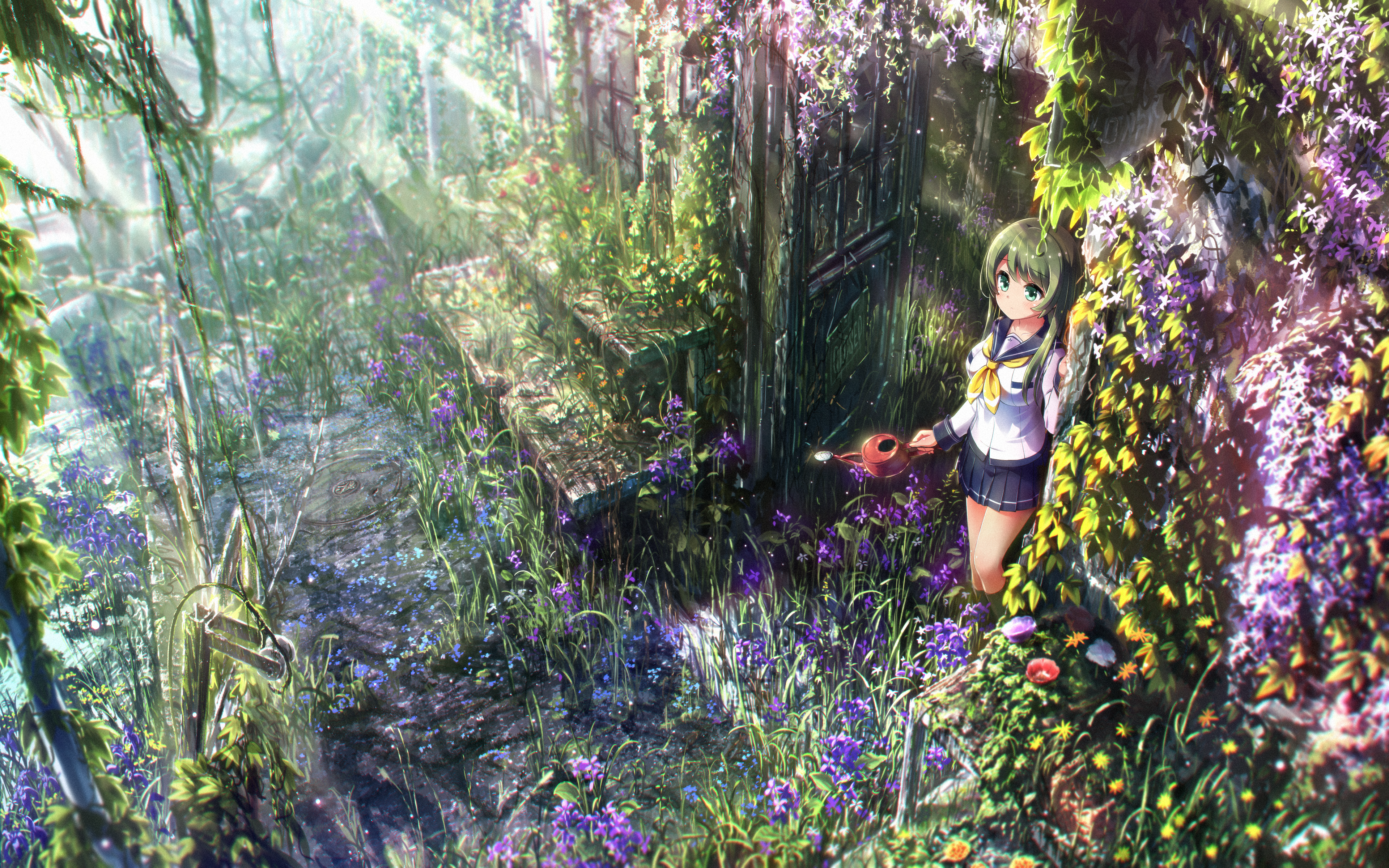 Anime schoolgirl watering a garden HD Wallpaper