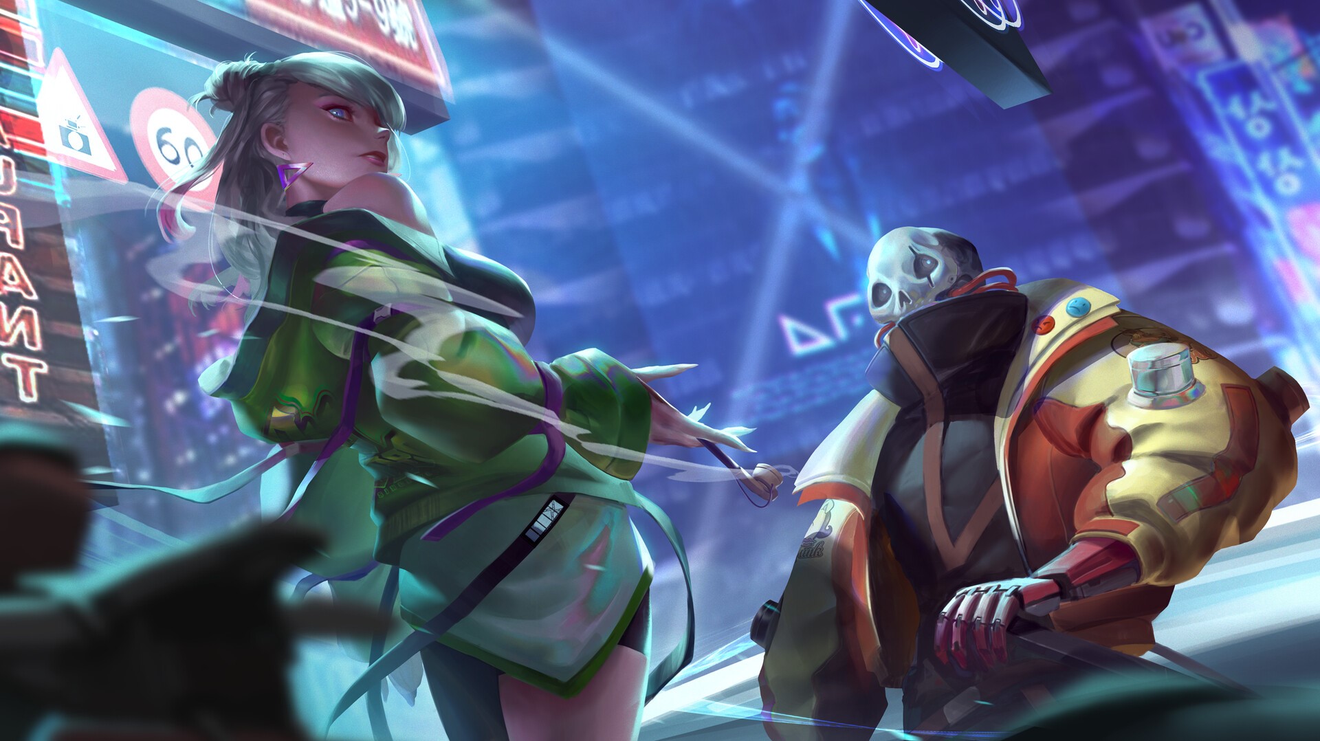 Science fiction artwork of a woman and a skeleton character HD Wallpaper