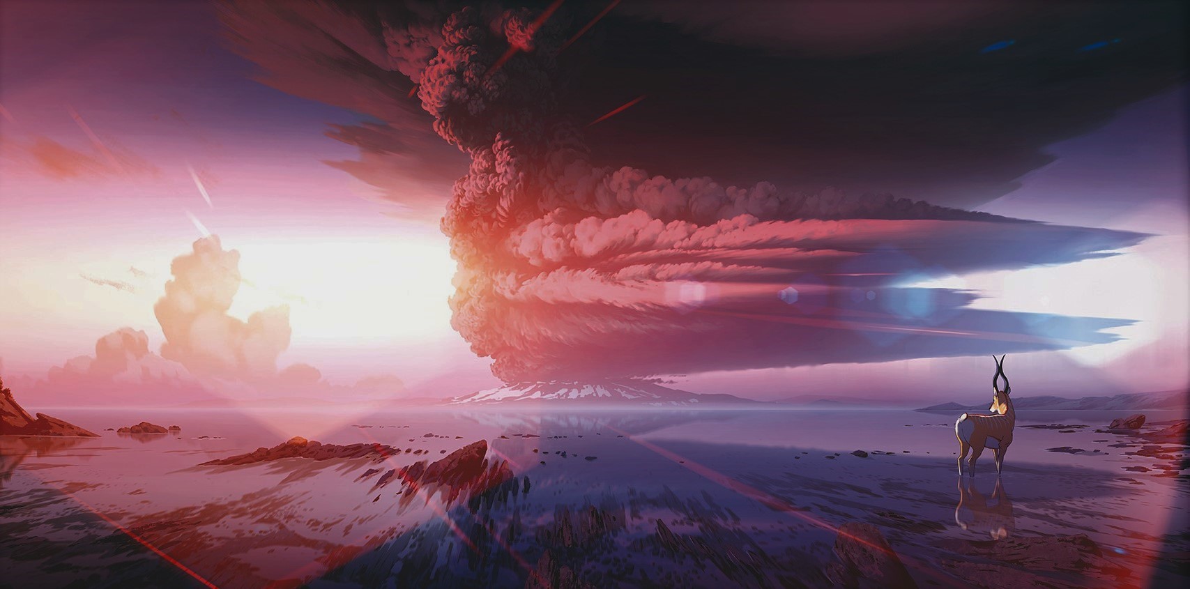 Volcano eruption with deer in foreground HD Wallpaper