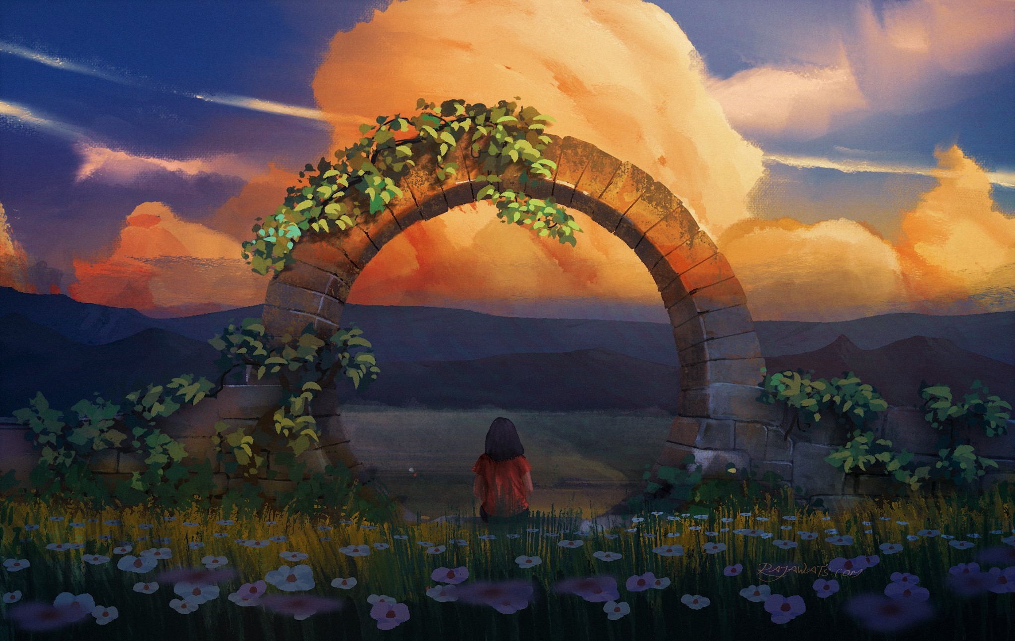 Girl sitting in a field under an archway at sunset HD Wallpaper