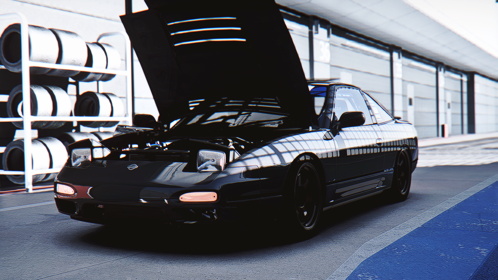 Nissan 240SX with hood open in garage HD Wallpaper