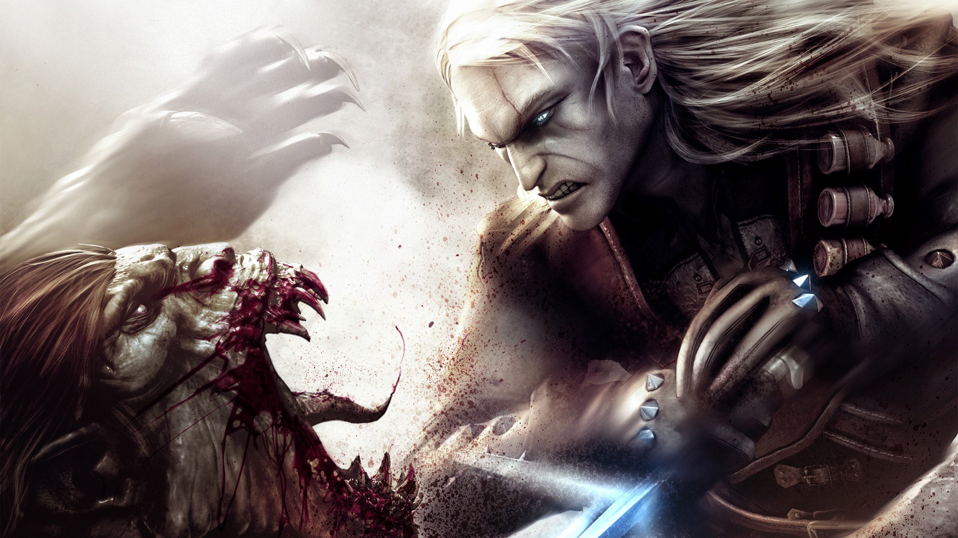 Geralt of Rivia fighting a monster in The Witcher HD Wallpaper
