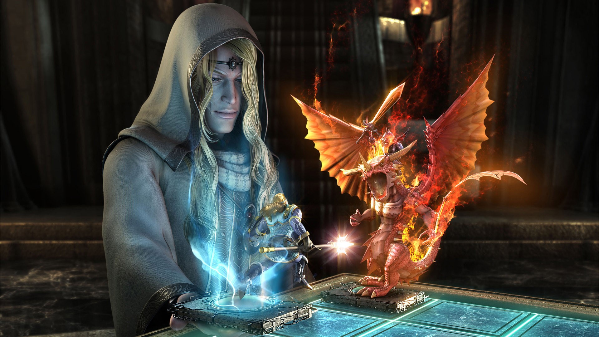 Fantasy artwork of a hooded figure playing a board game with figures HD Wallpaper