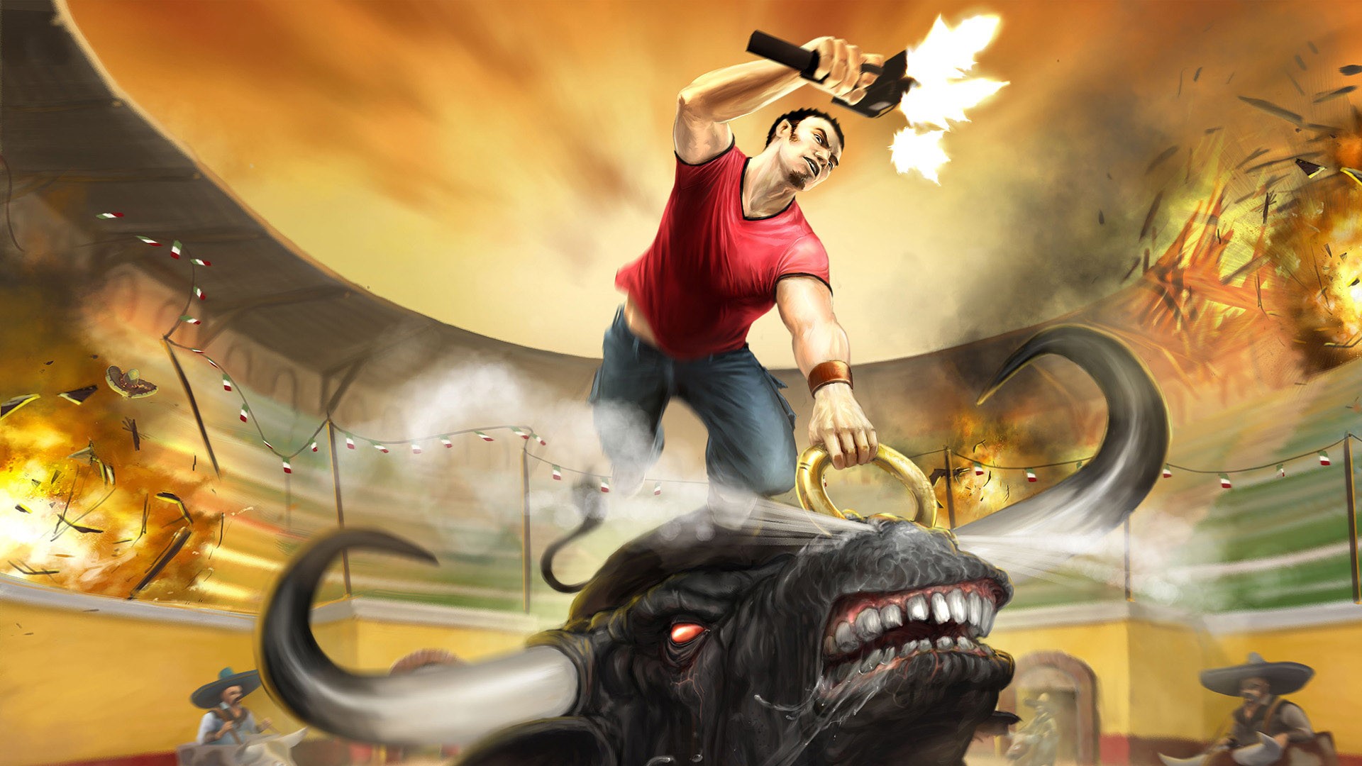 Man fighting a bull with a chainsaw in a stadium HD Wallpaper