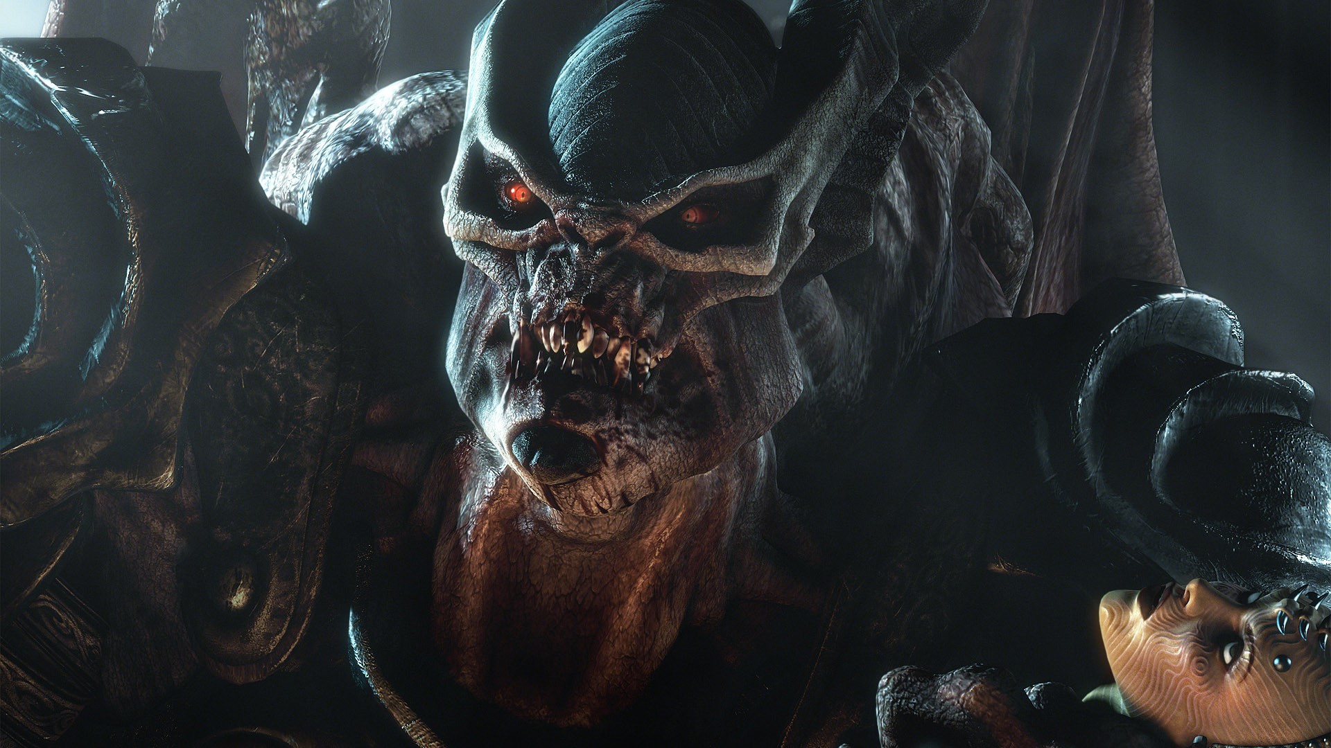 Demon character with glowing red eyes and horns HD Wallpaper