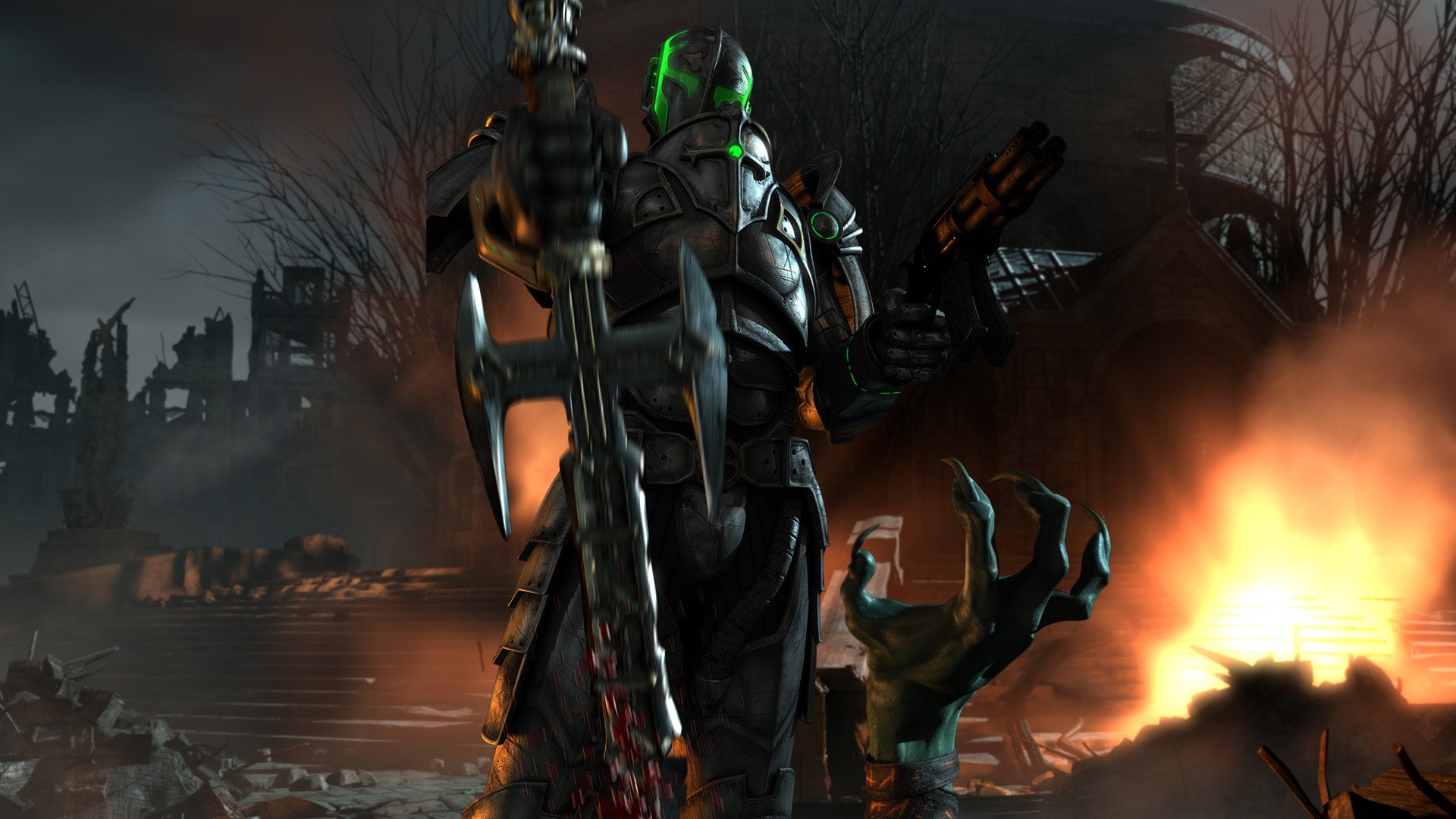 Armored warrior with axe and gun in ruins HD Wallpaper
