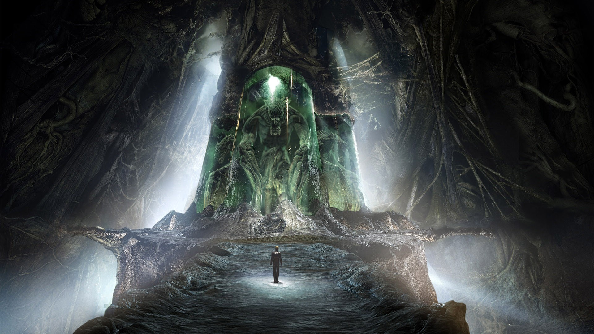 Creature in a crystal chamber in a dark cave HD Wallpaper