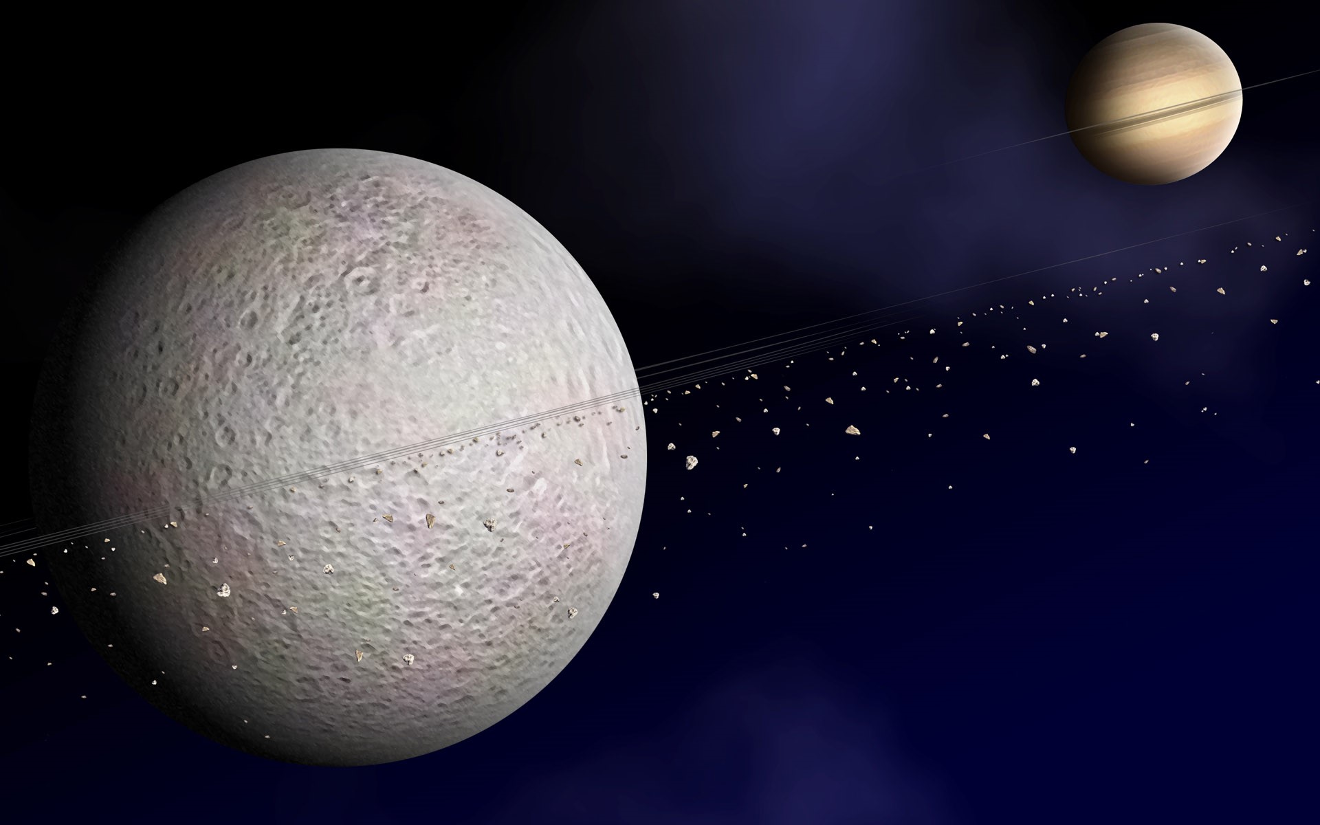 Planet with rings and debris, distant ringed planet HD Wallpaper