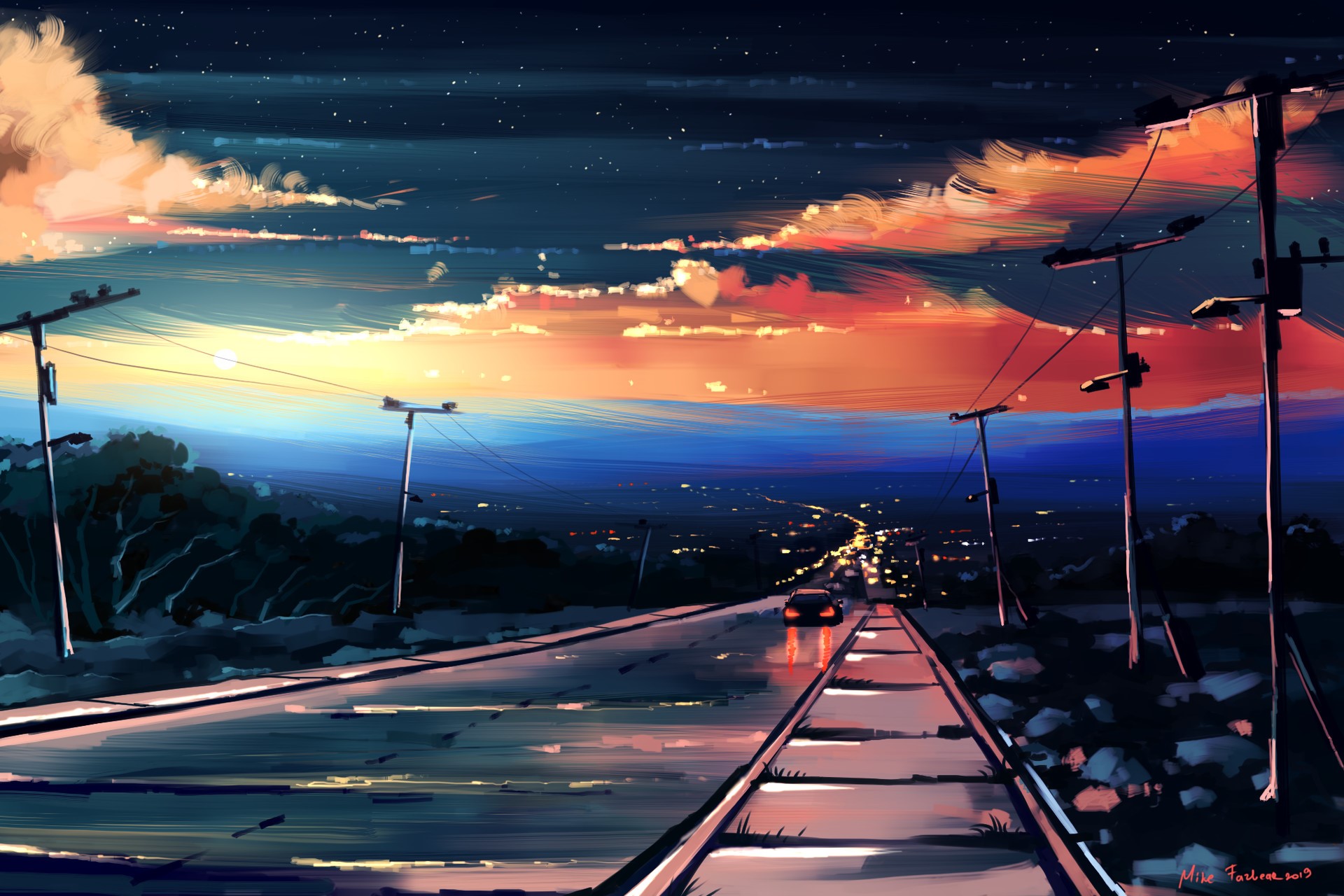 Digital art of a car on a road at sunset with power lines HD Wallpaper
