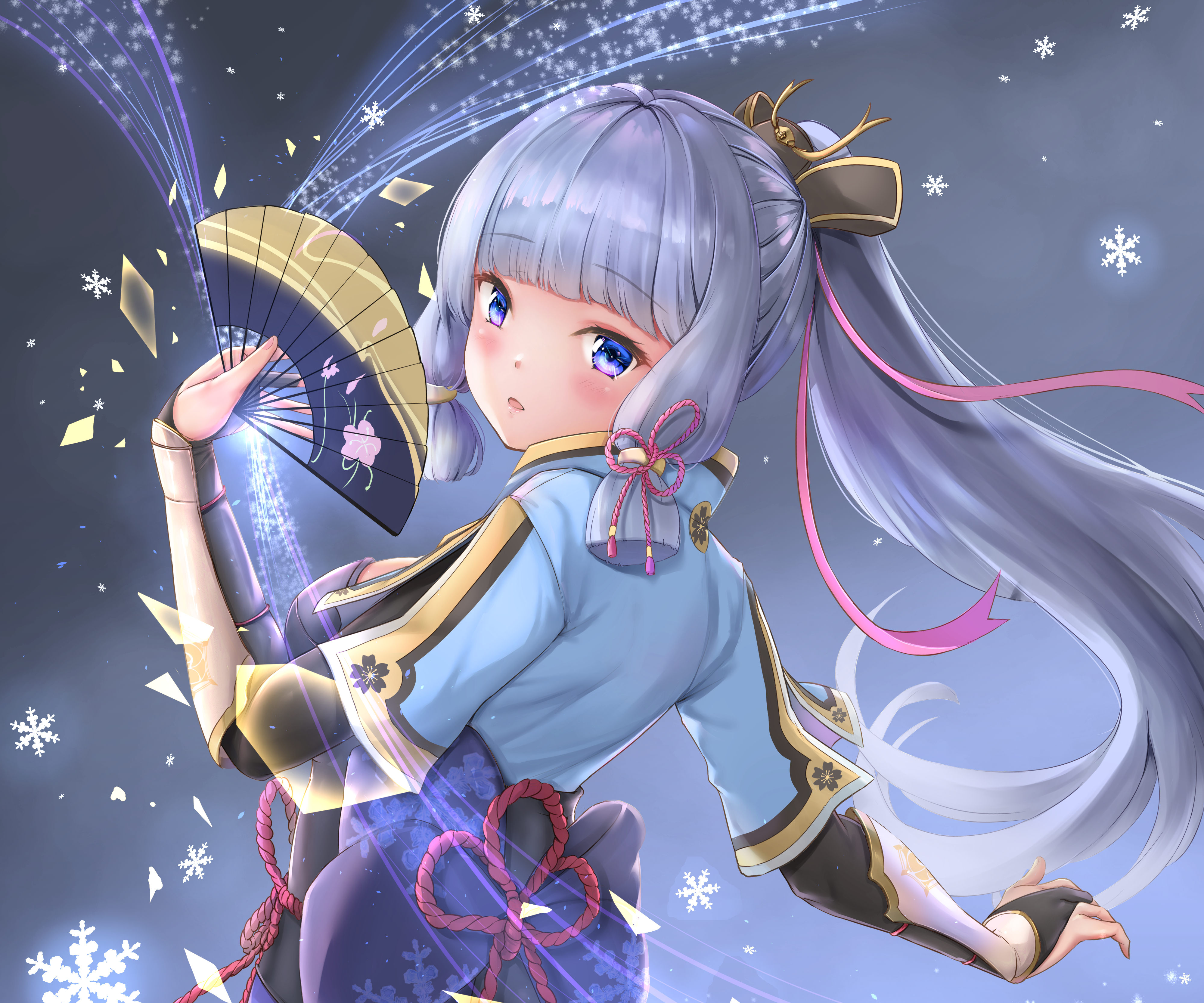 Kamisato Ayaka from Genshin Impact holding a fan HD Wallpaper