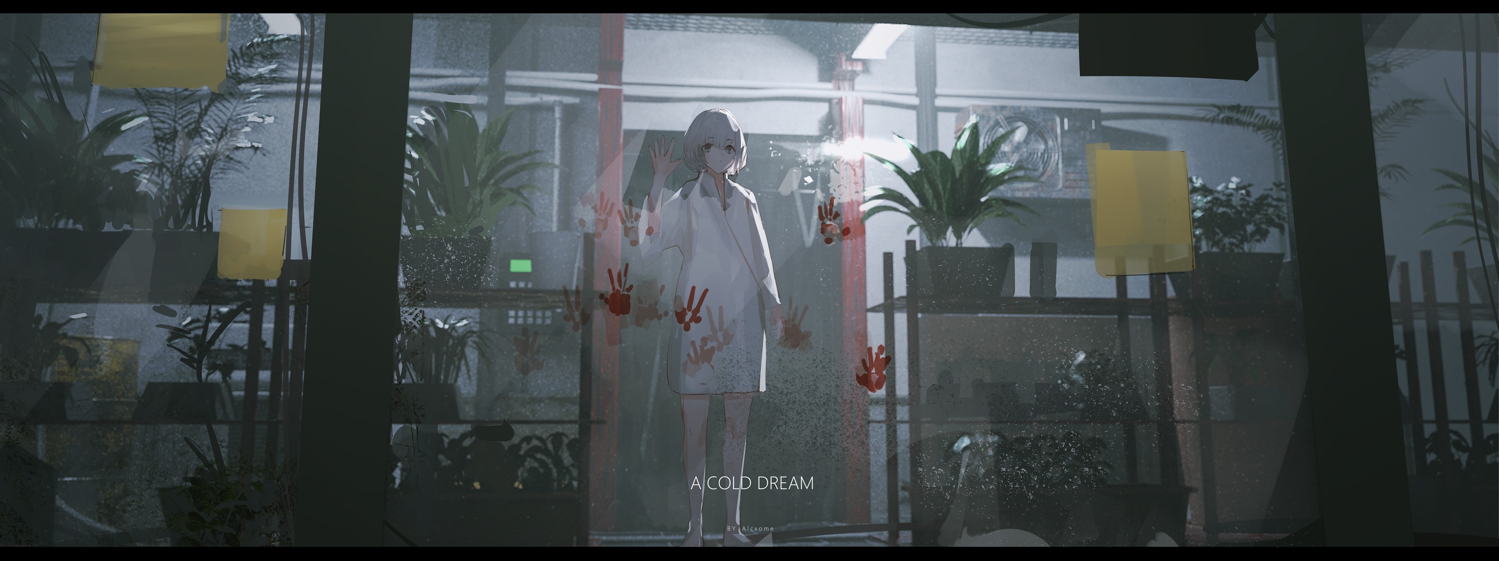 Anime girl with handprints on glass HD Wallpaper