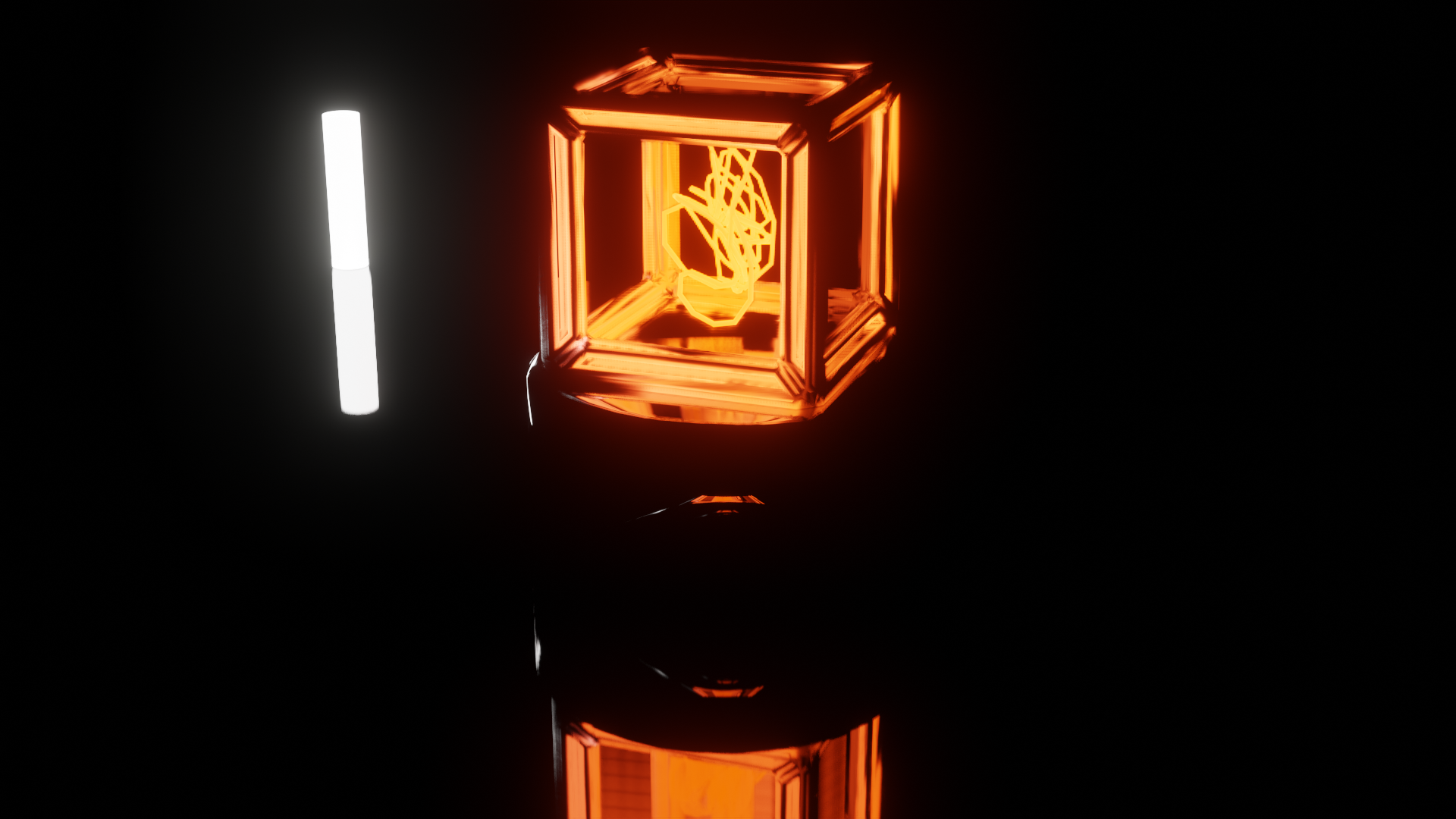 Abstract orange cube with glowing interior and white light HD Wallpaper