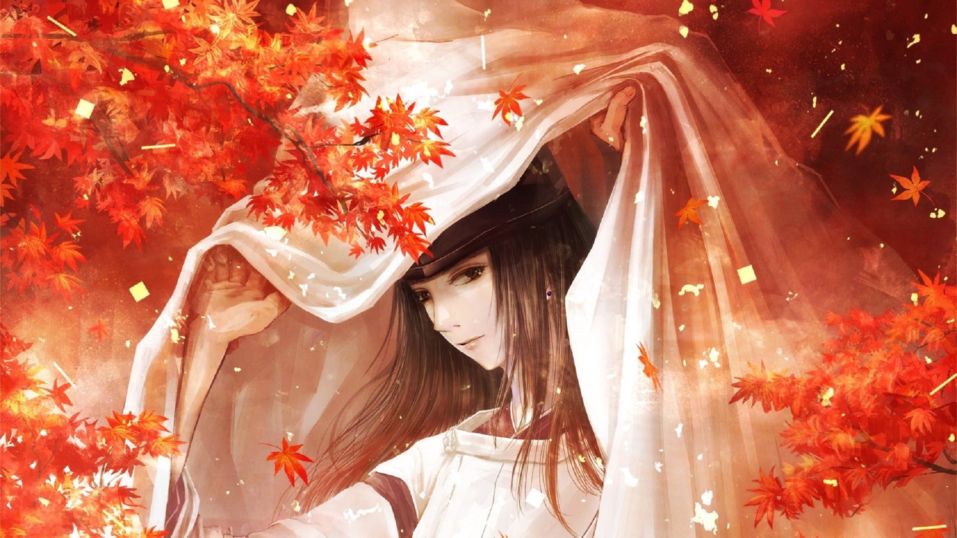 Anime girl with dark hair and white robes in autumn HD Wallpaper
