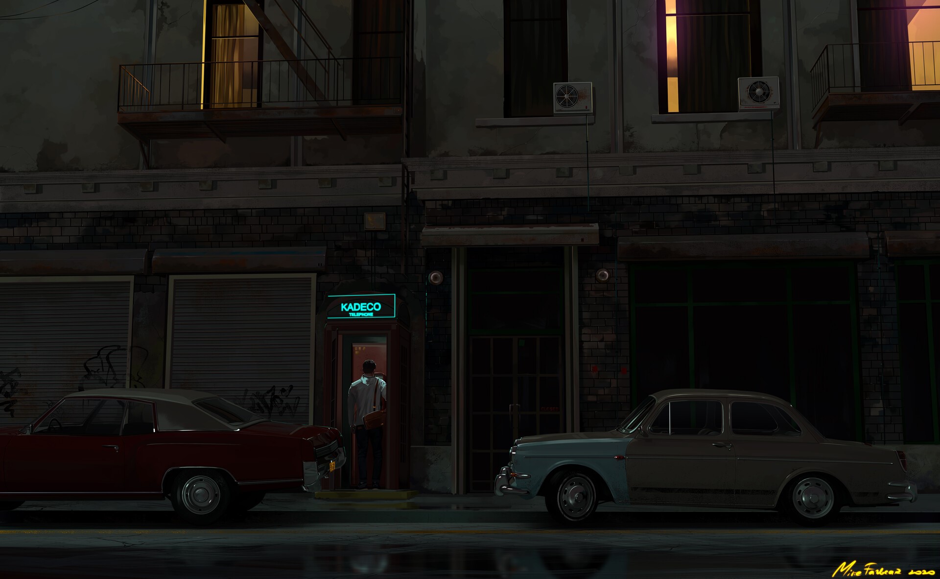 Man entering Kadeco store at night with cars HD Wallpaper
