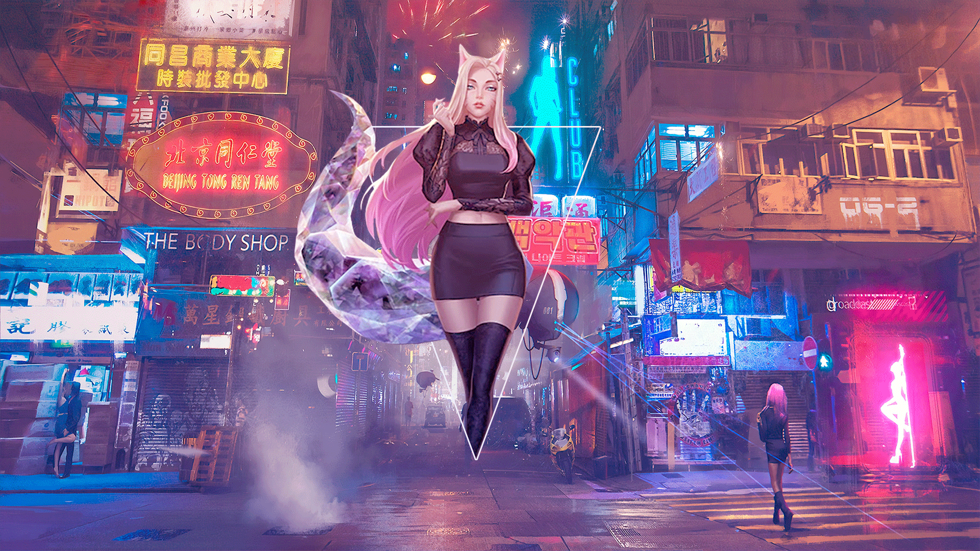 Ahri from League of Legends in a neon city HD Wallpaper