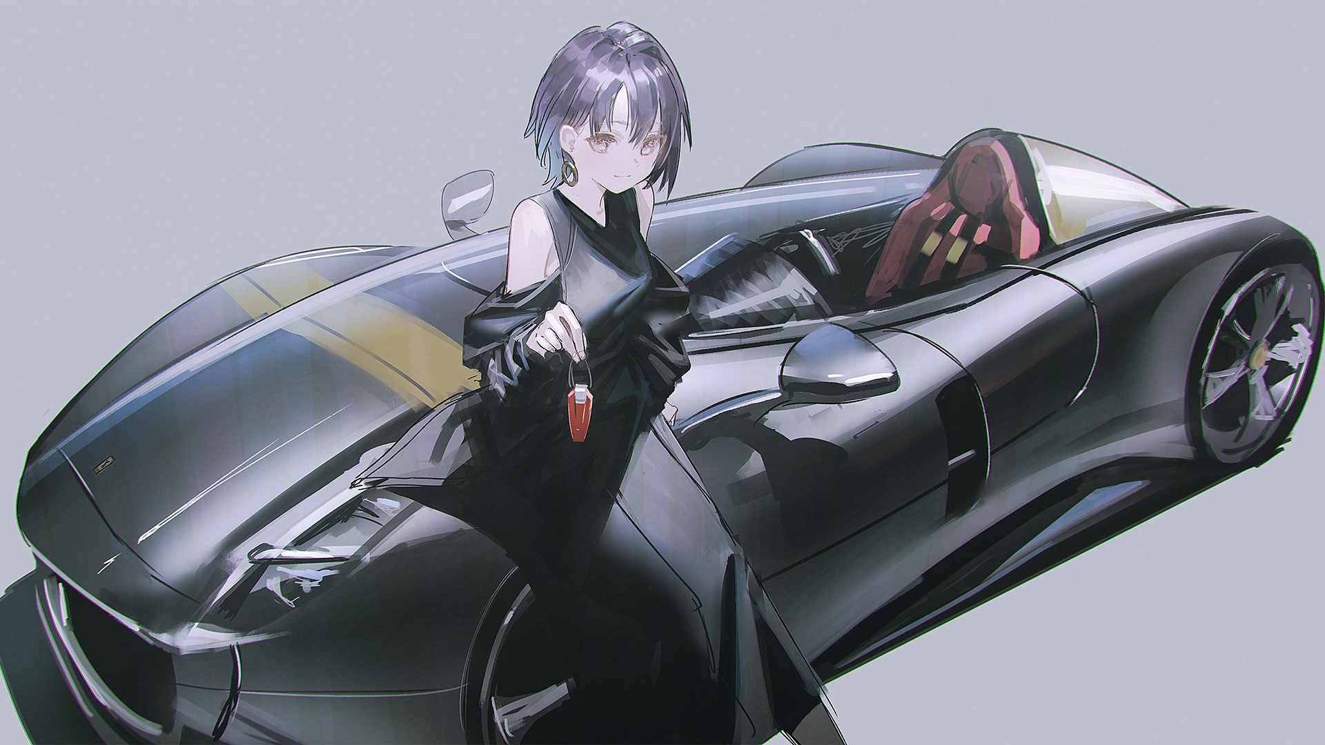 Anime girl with black dress and car HD Wallpaper