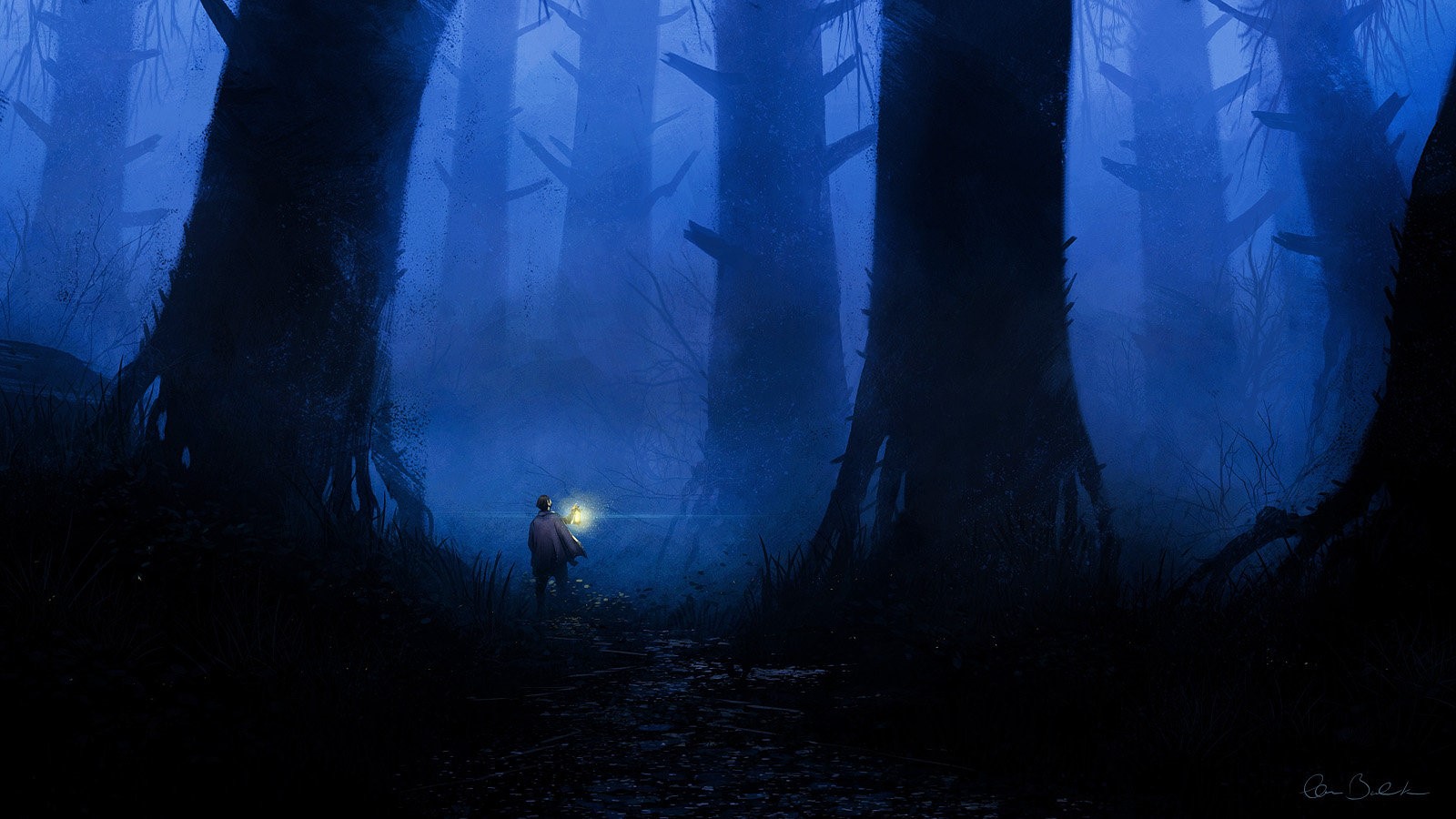 Person with lantern in a dark, foggy forest HD Wallpaper