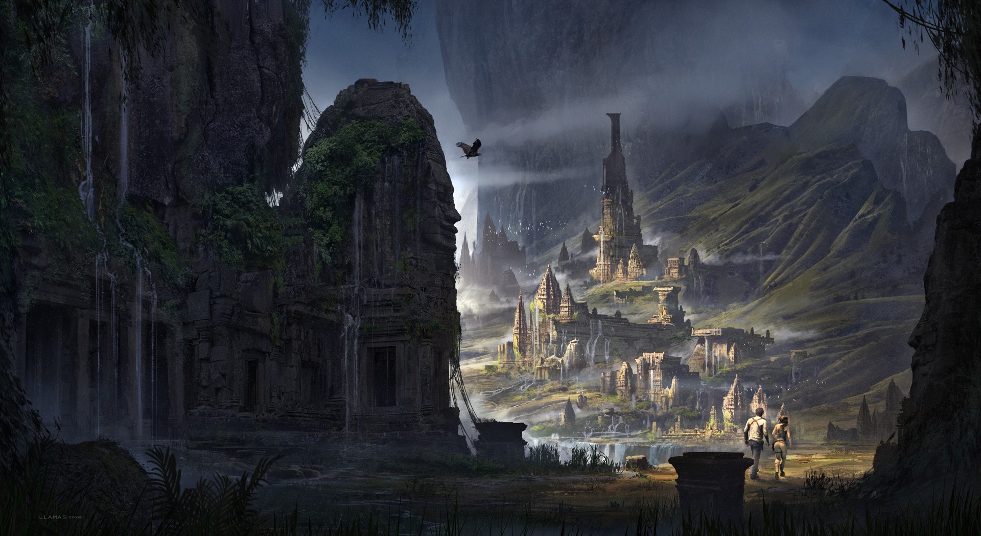 Fantasy ruins with a city in the background HD Wallpaper