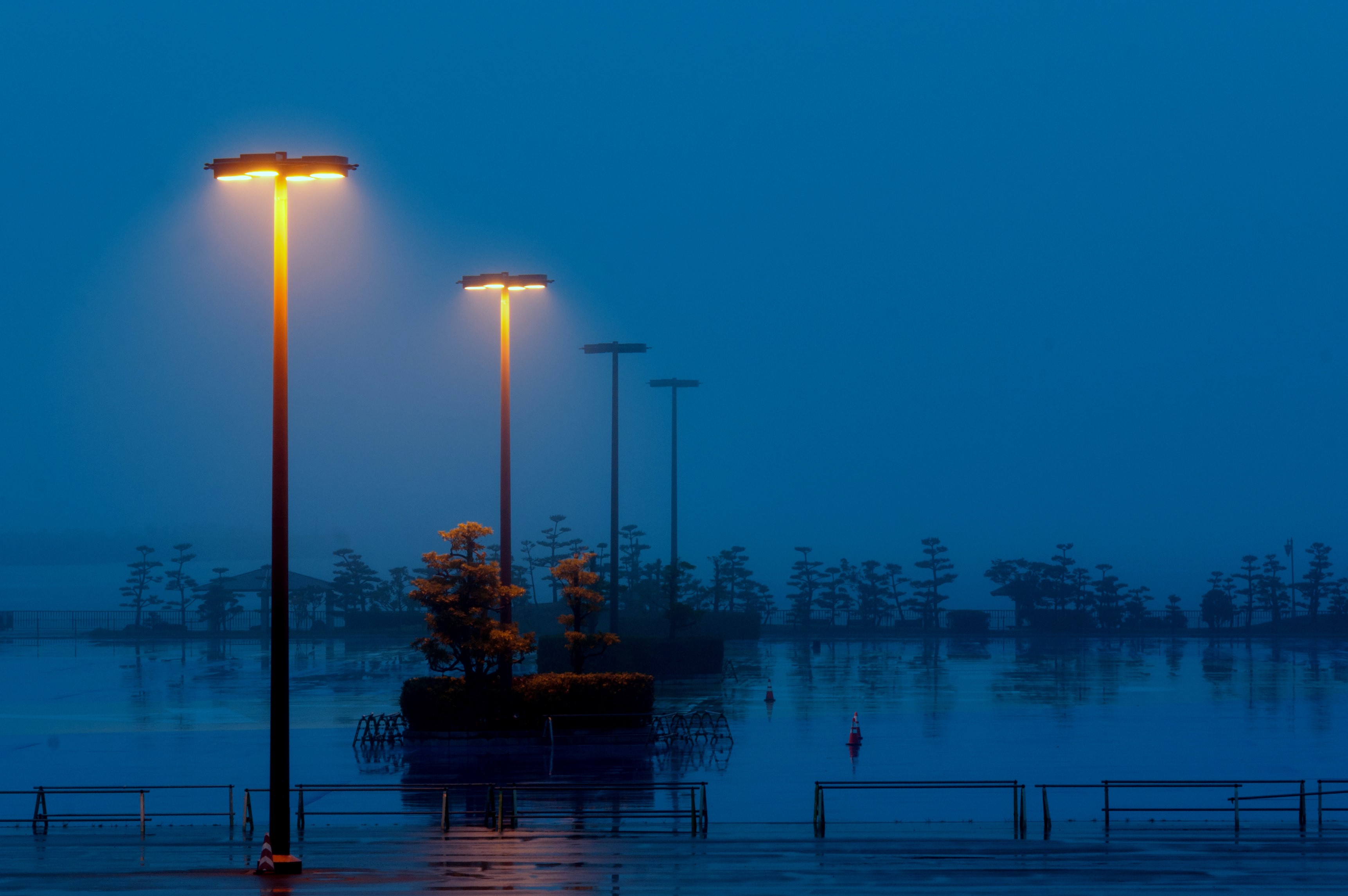 Street lights over water at dusk HD Wallpaper