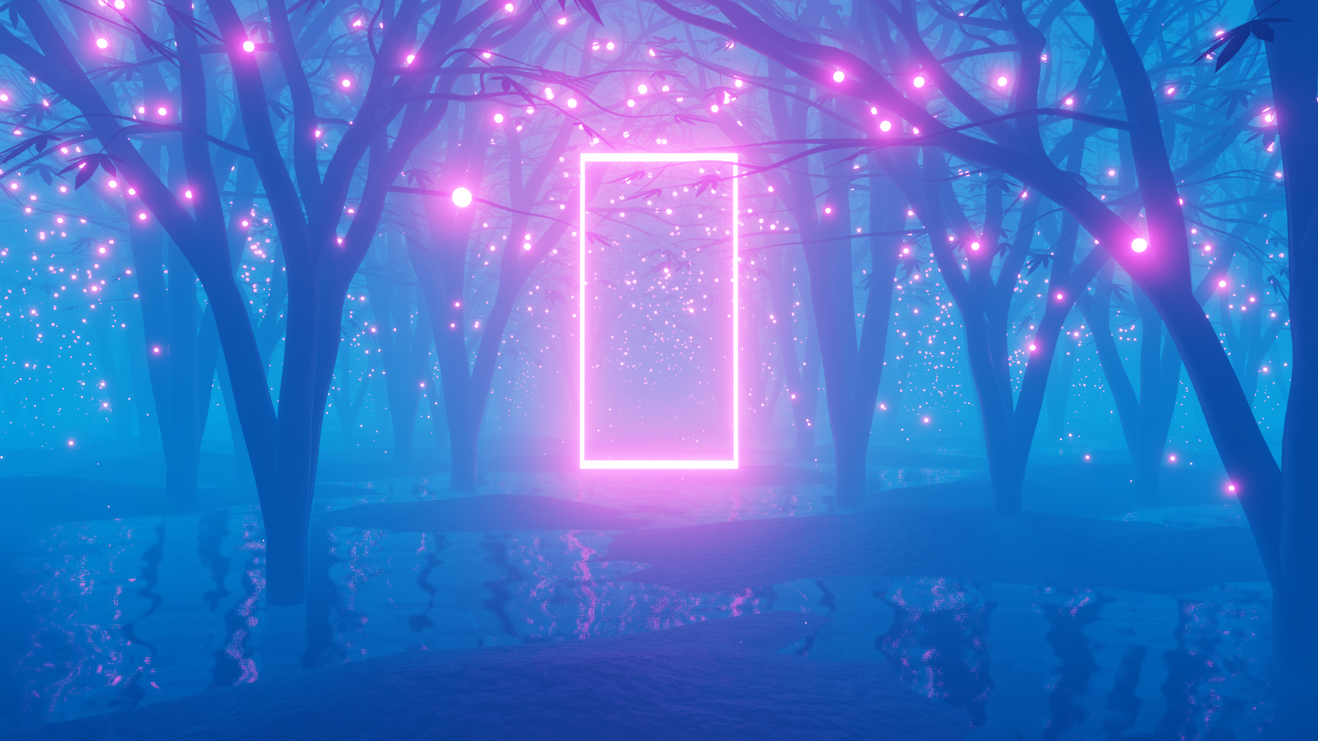 Glowing rectangle in a mystical forest with pink lights HD Wallpaper