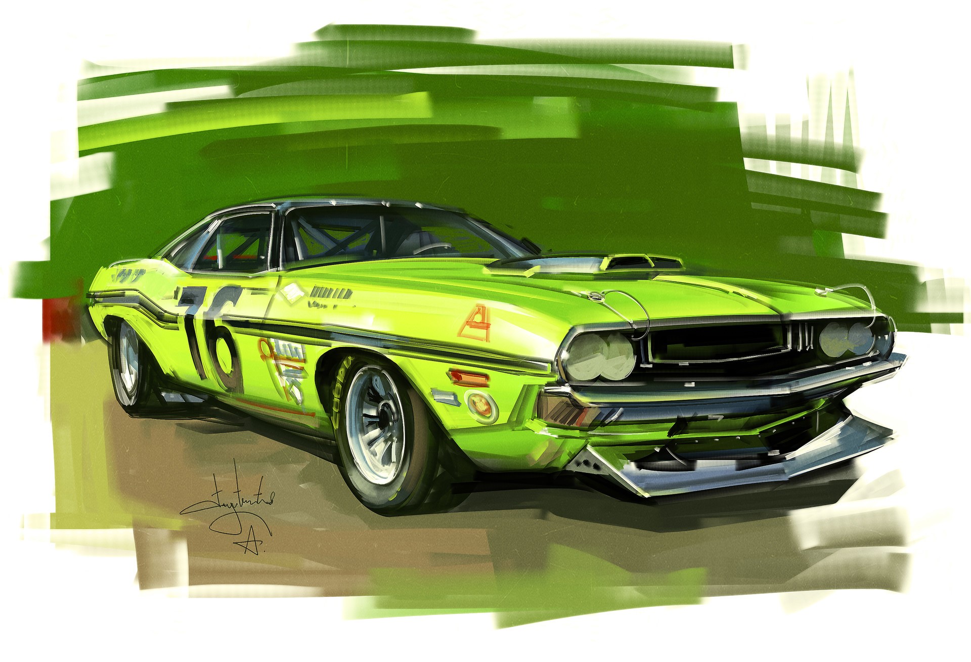 Green Dodge Challenger race car by Aleksandr Sidelnikov HD Wallpaper