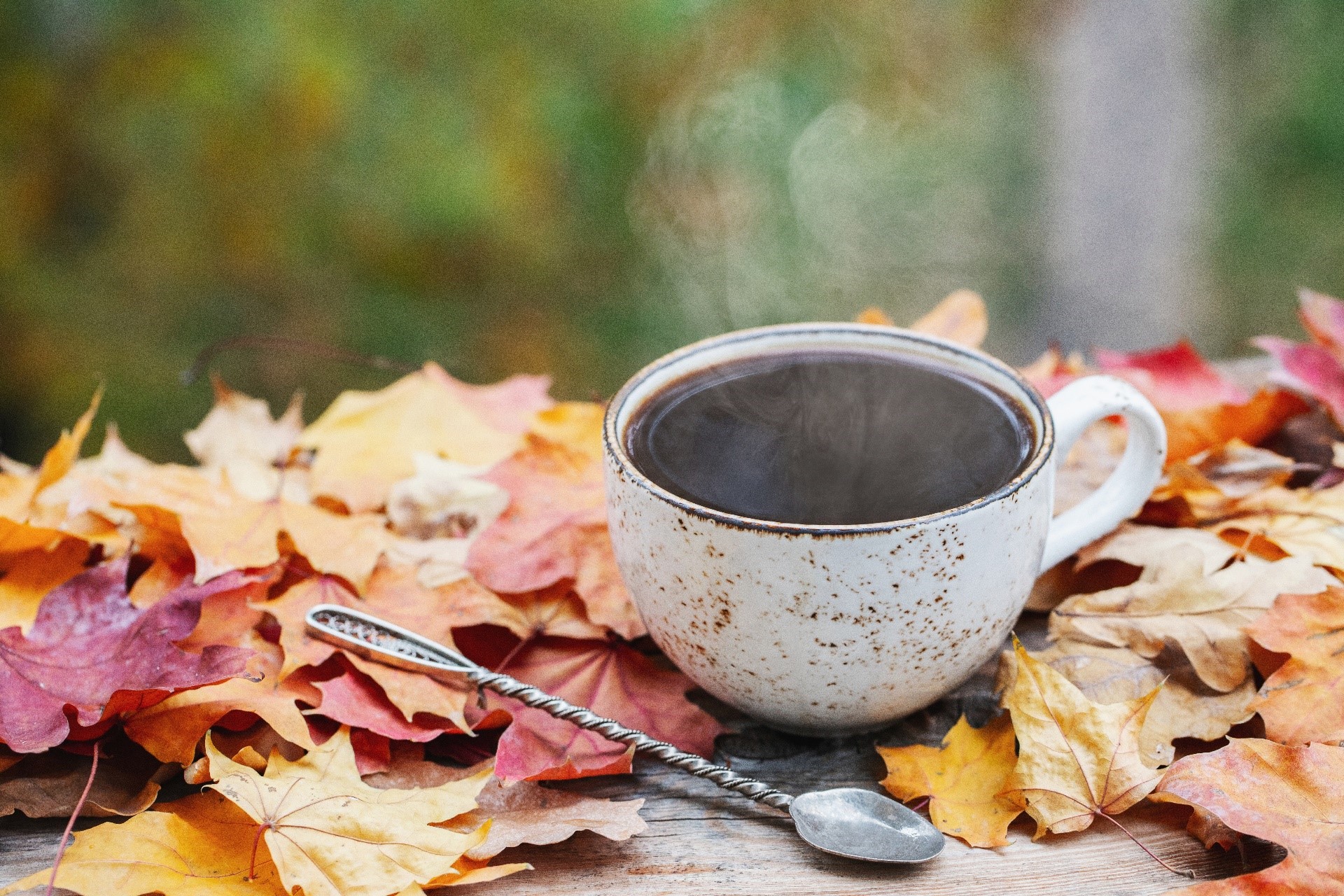 Steaming cup of coffee on autumn leaves with spoon HD Wallpaper