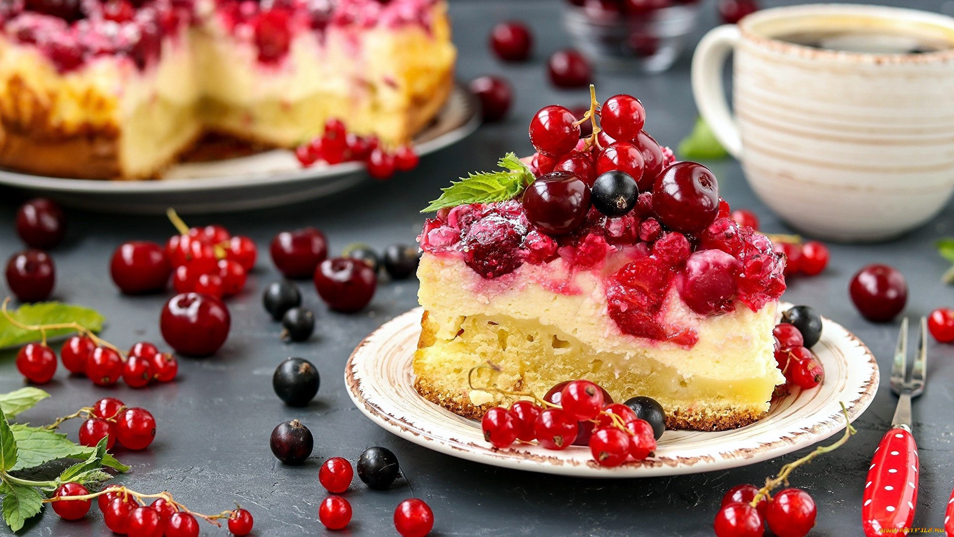 Slice of berry cake with fresh berries and coffee HD Wallpaper