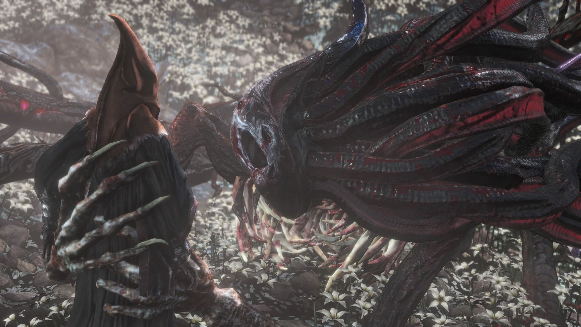 Bloodborne creature with tentacles and a hooded figure HD Wallpaper