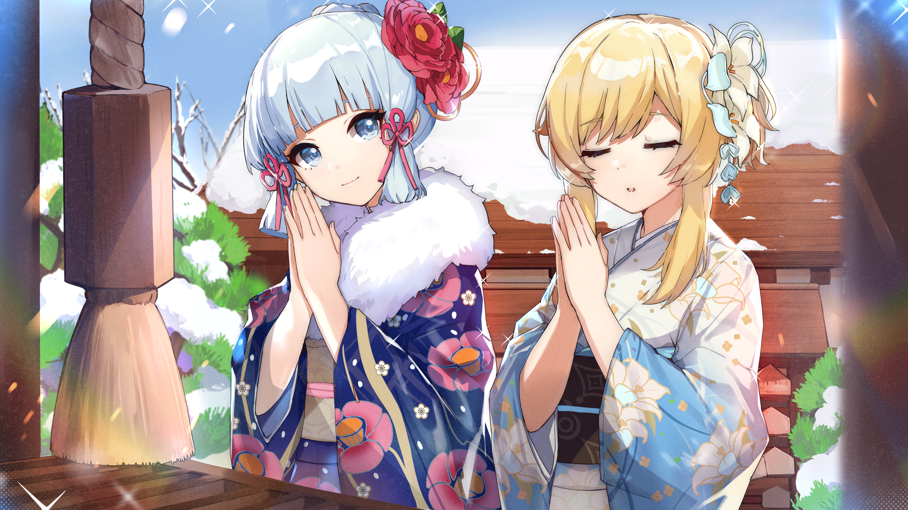 Kamisato Ayaka and Lumine in Kimonos HD Wallpaper