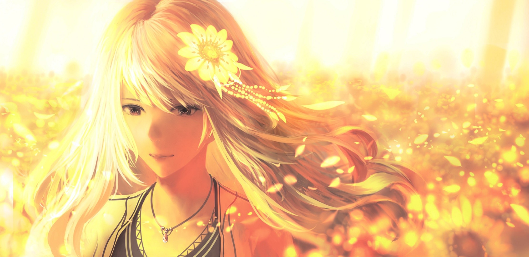 Anime girl with blonde hair and flower in hair HD Wallpaper