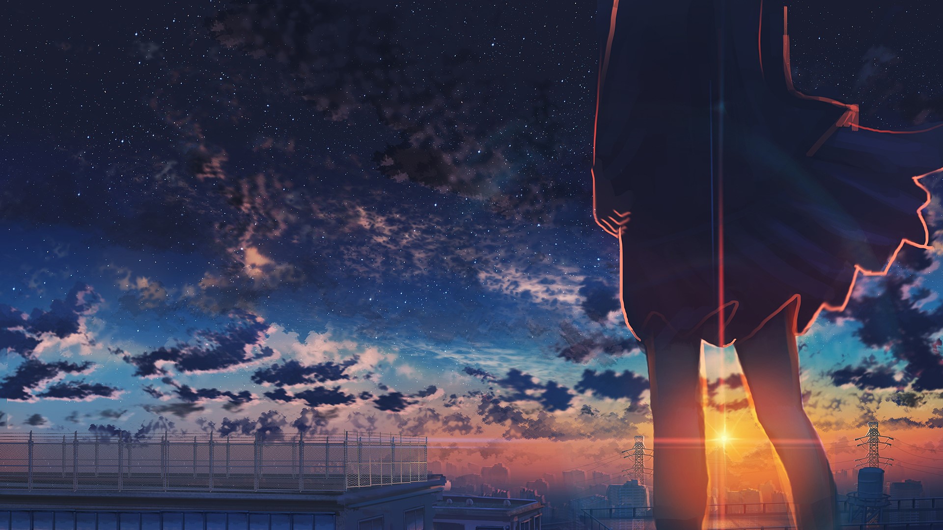 Anime girl watching sunset with stars and clouds over city HD Wallpaper