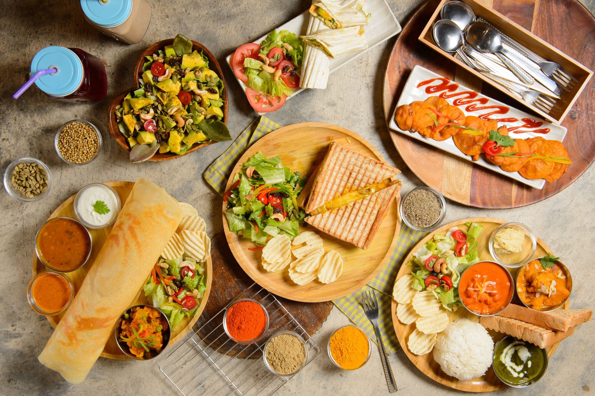 Assortment of Indian and Western Dishes with Drinks HD Wallpaper