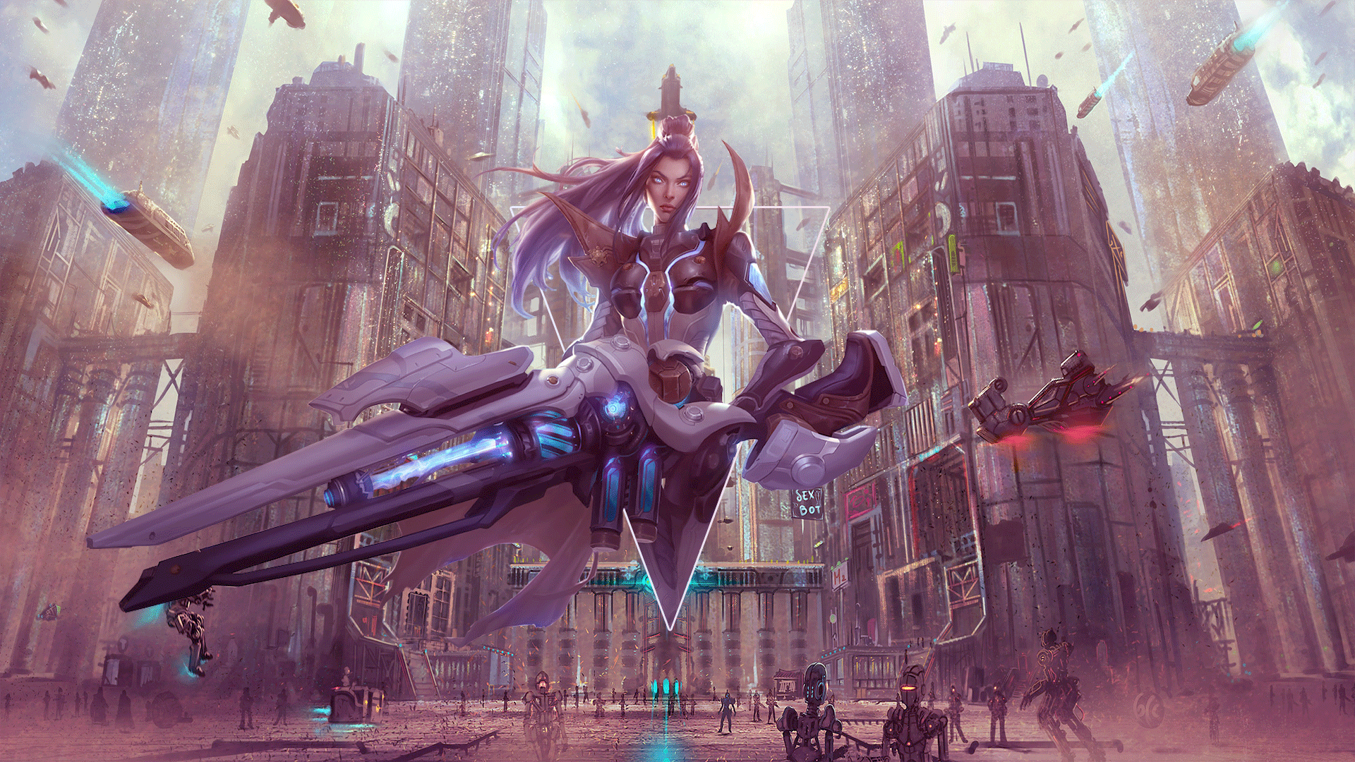 Caitlyn from League of Legends in a futuristic city HD Wallpaper