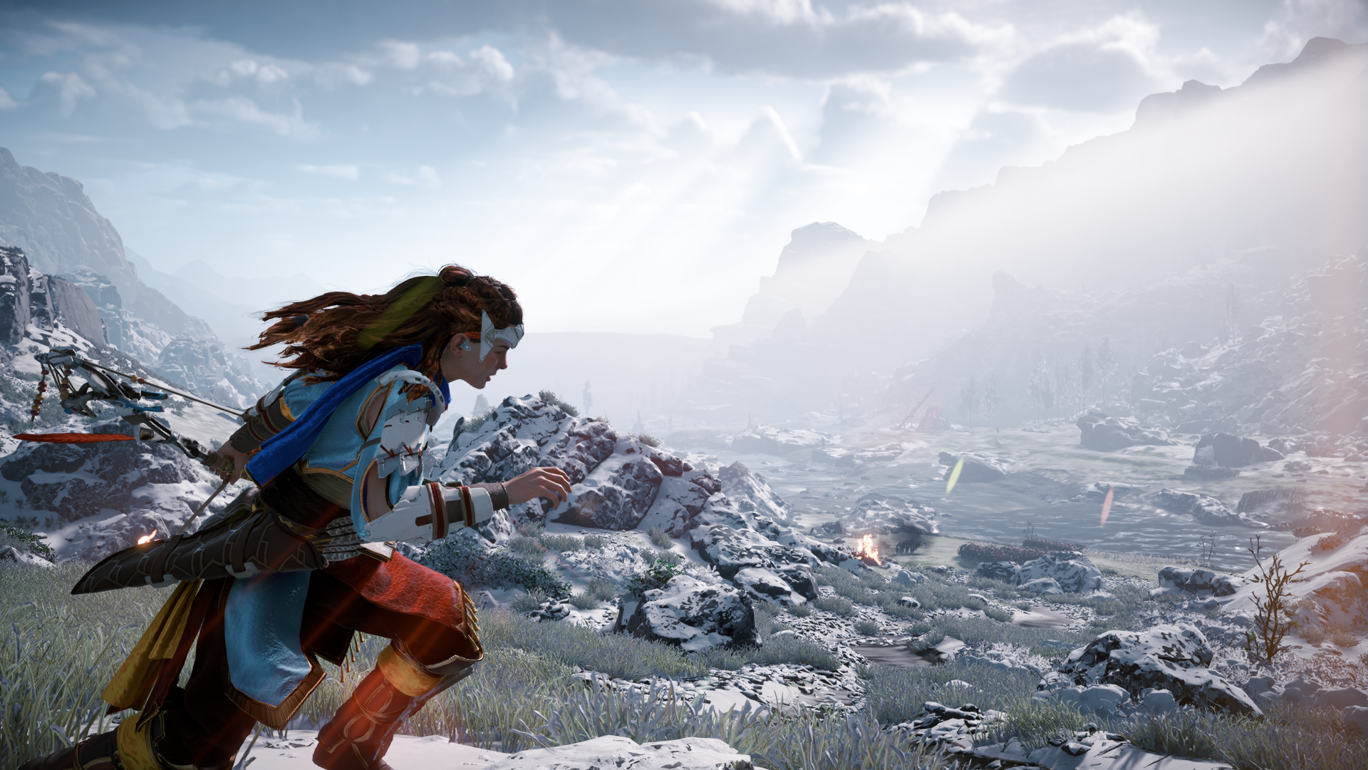 Aloy from Horizon Zero Dawn in a snowy landscape HD Wallpaper
