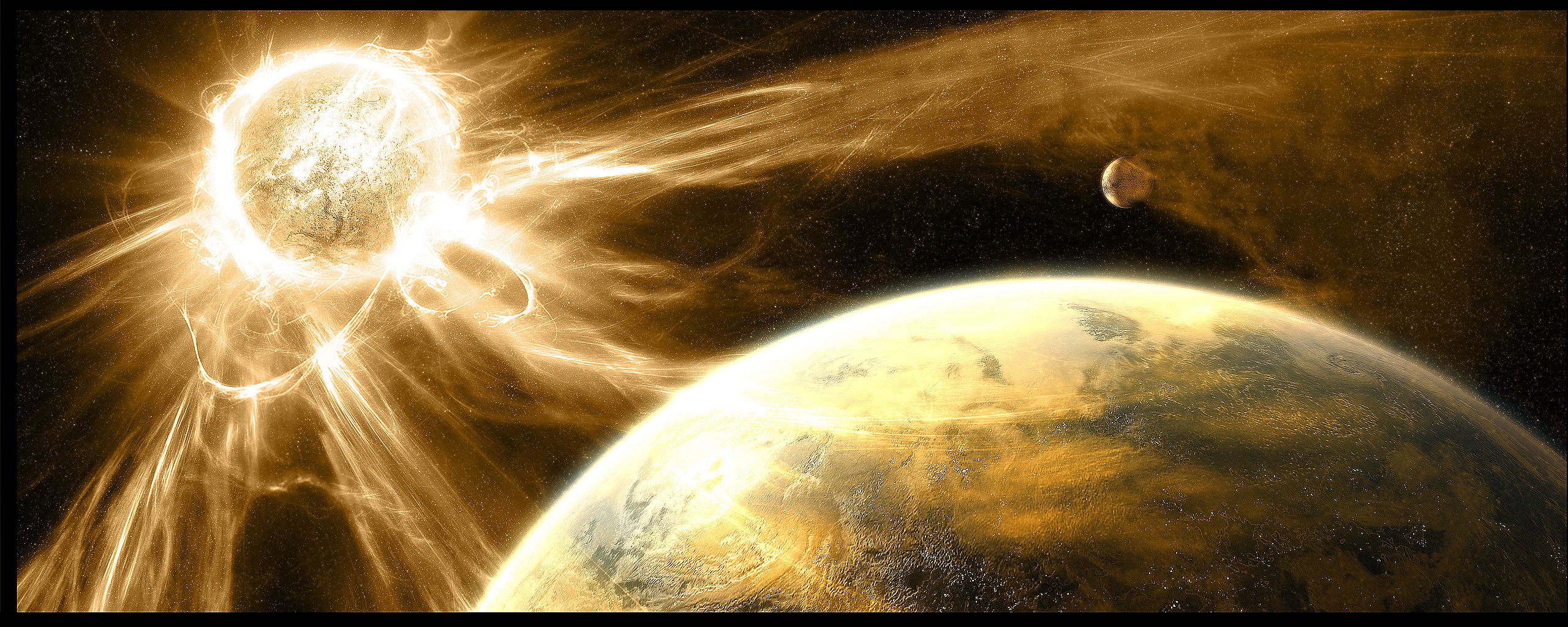 Digital art of a sun, planet, and moon in space HD Wallpaper