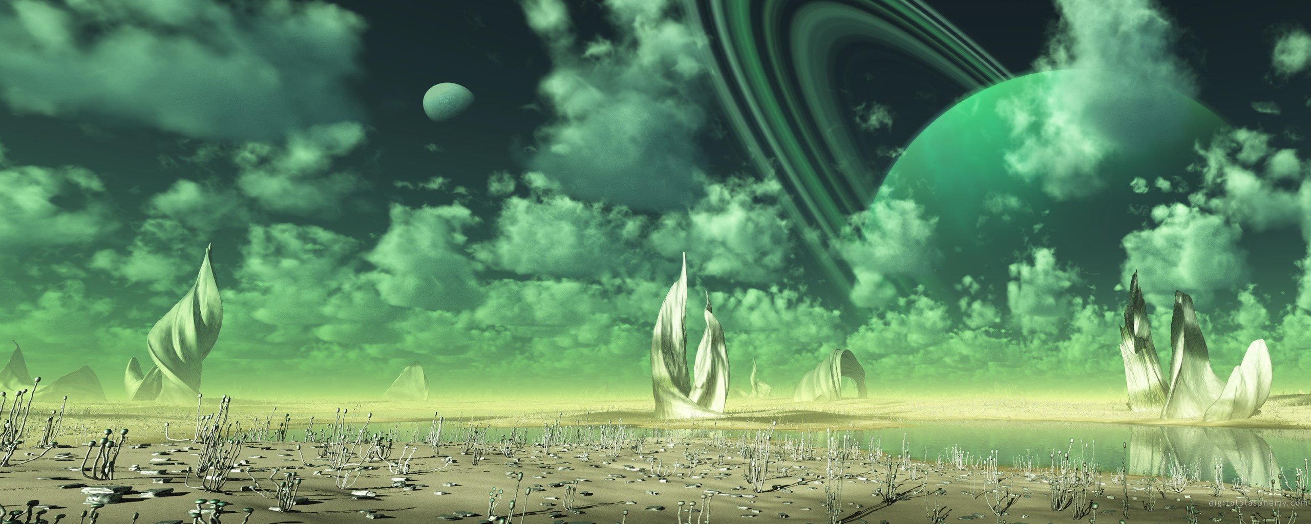 Alien planet with rings and moon HD Wallpaper