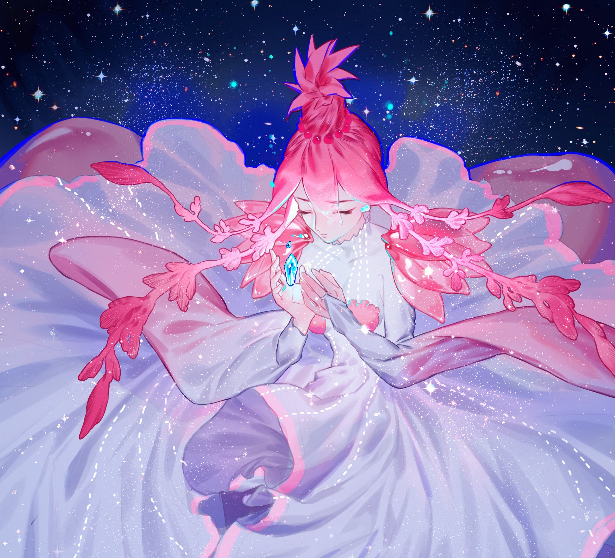 Anime girl with pink hair holding a blue gem HD Wallpaper