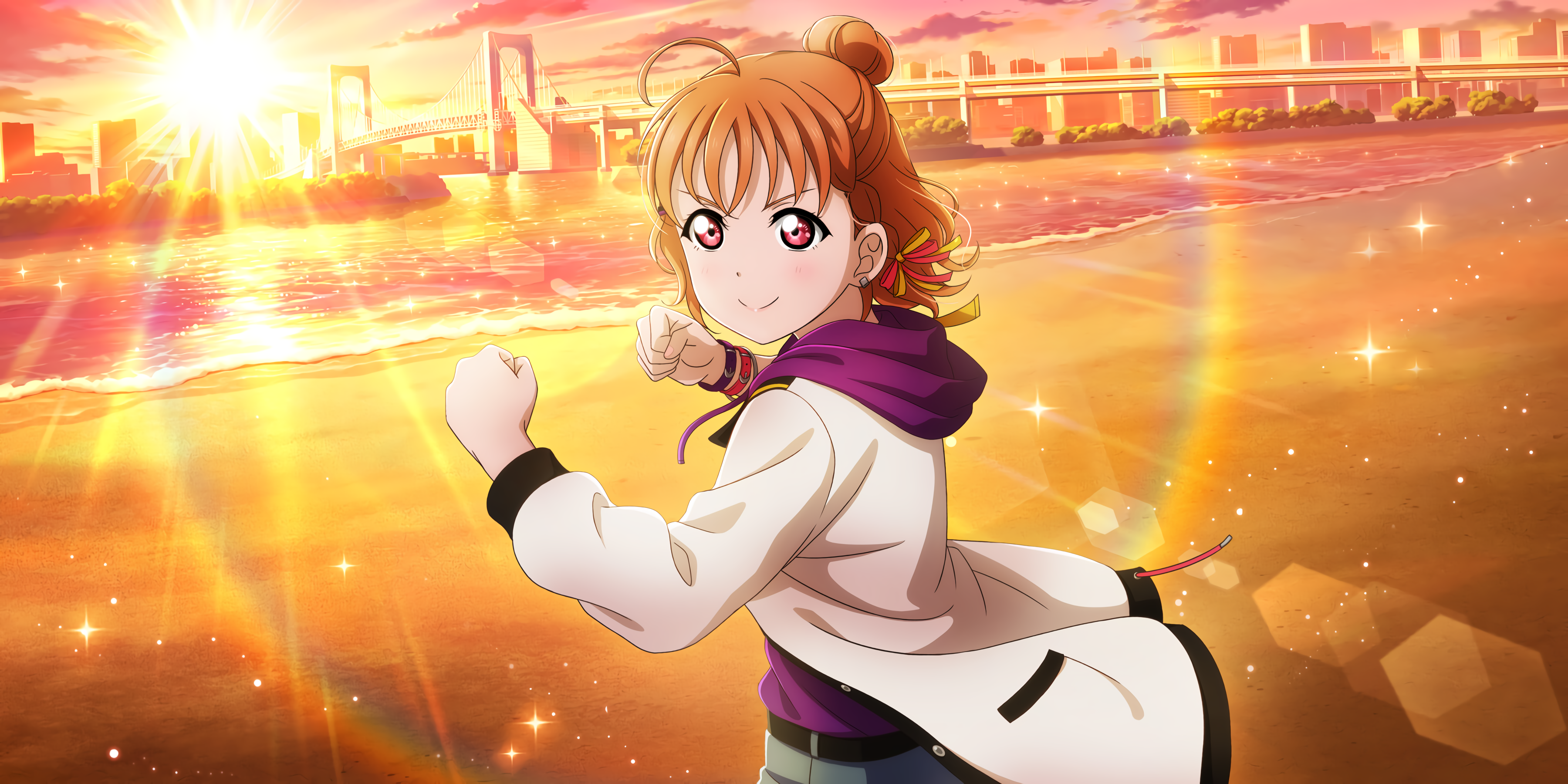 Takami Chika from Love Live! Sunshine!! on a beach at sunset HD Wallpaper