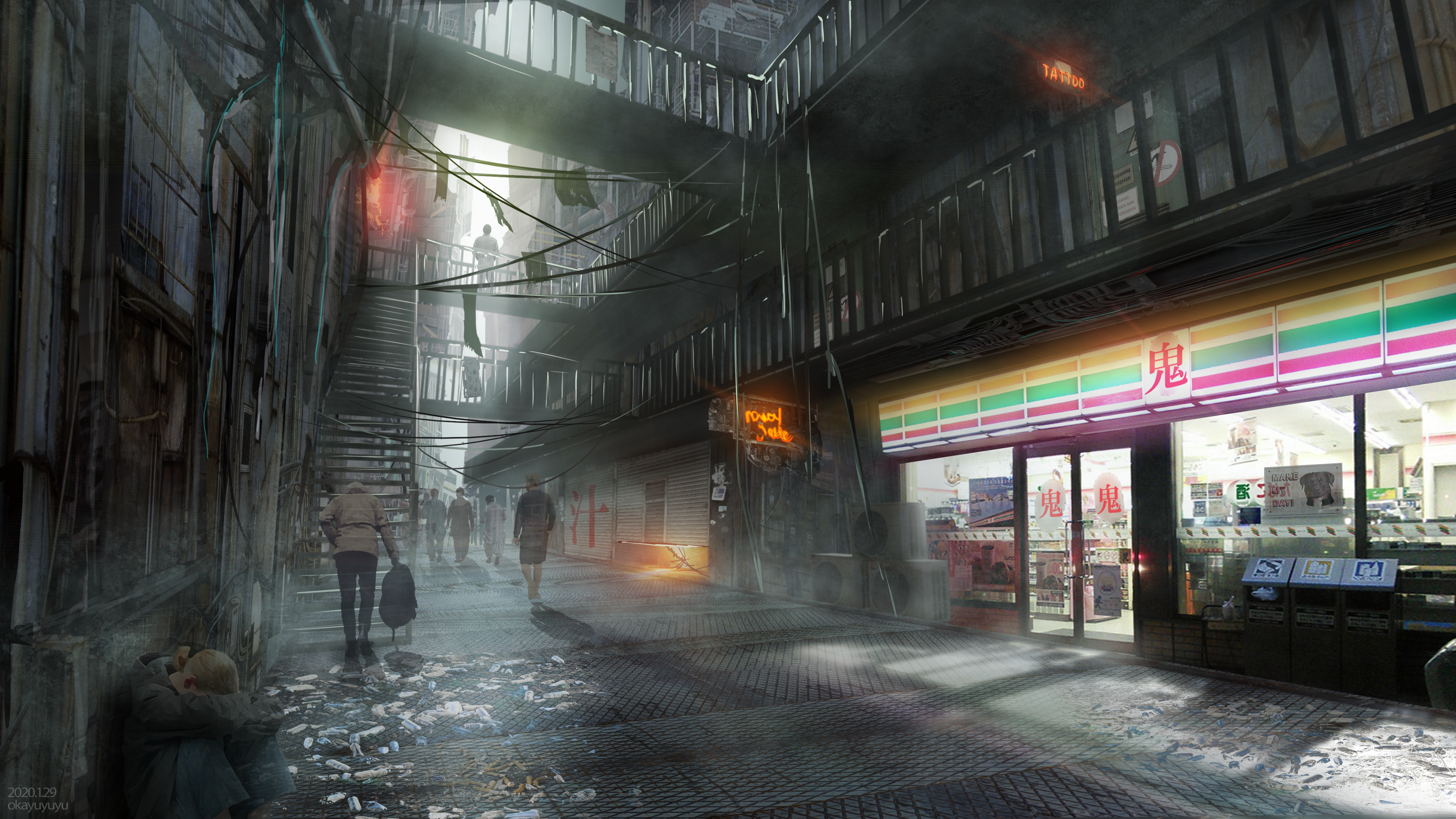 Cyberpunk alley with 7-Eleven store and people HD Wallpaper